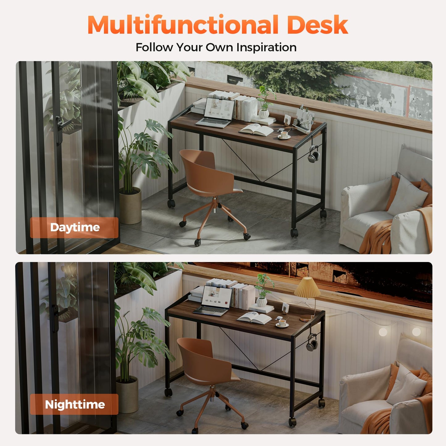 Mericonia 40 inch Rolling Computer Desk with Wheels, Gaming Desk for Small Spaces, Modern Simple Style Table for Home Office, Study Writing Table