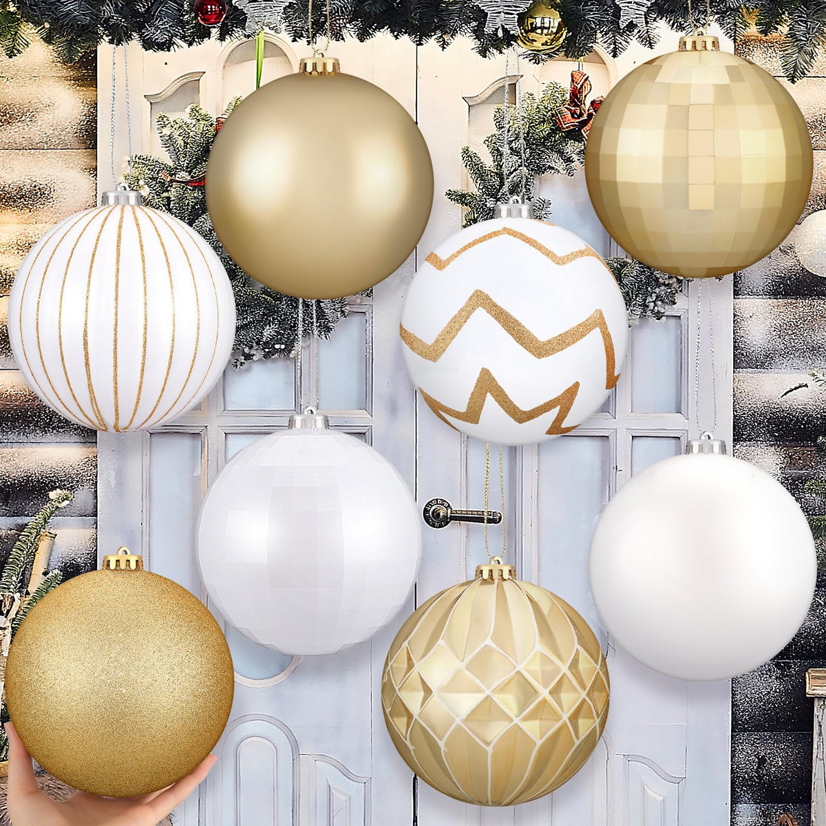Wettarn Set of 8 Large Christmas Ball Ornaments 6 Inch White Gold Glitter Hanging Christmas Plastic Balls Indoor and Outdoor Hanging Christmas Tree Decorations for Lawn Yard Garden