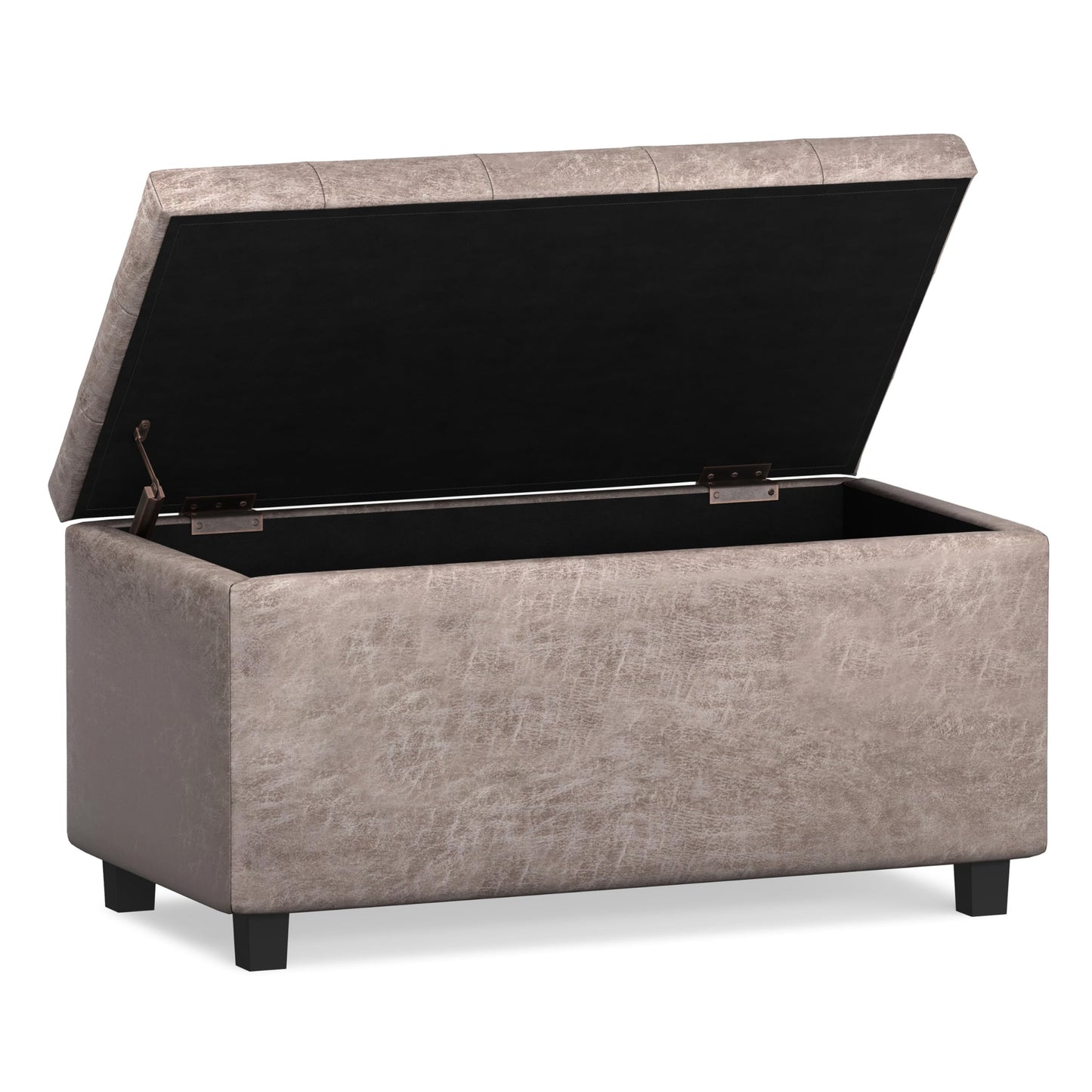 SIMPLIHOME Cosmopolitan Storage Ottoman - 34 inch Wide Upholstered Vegan Leather Rectangle Storage Ottoman Bench in Distressed Grey Taupe, Transitional Tufted Ottoman for Living Room with Lift-Up Lid