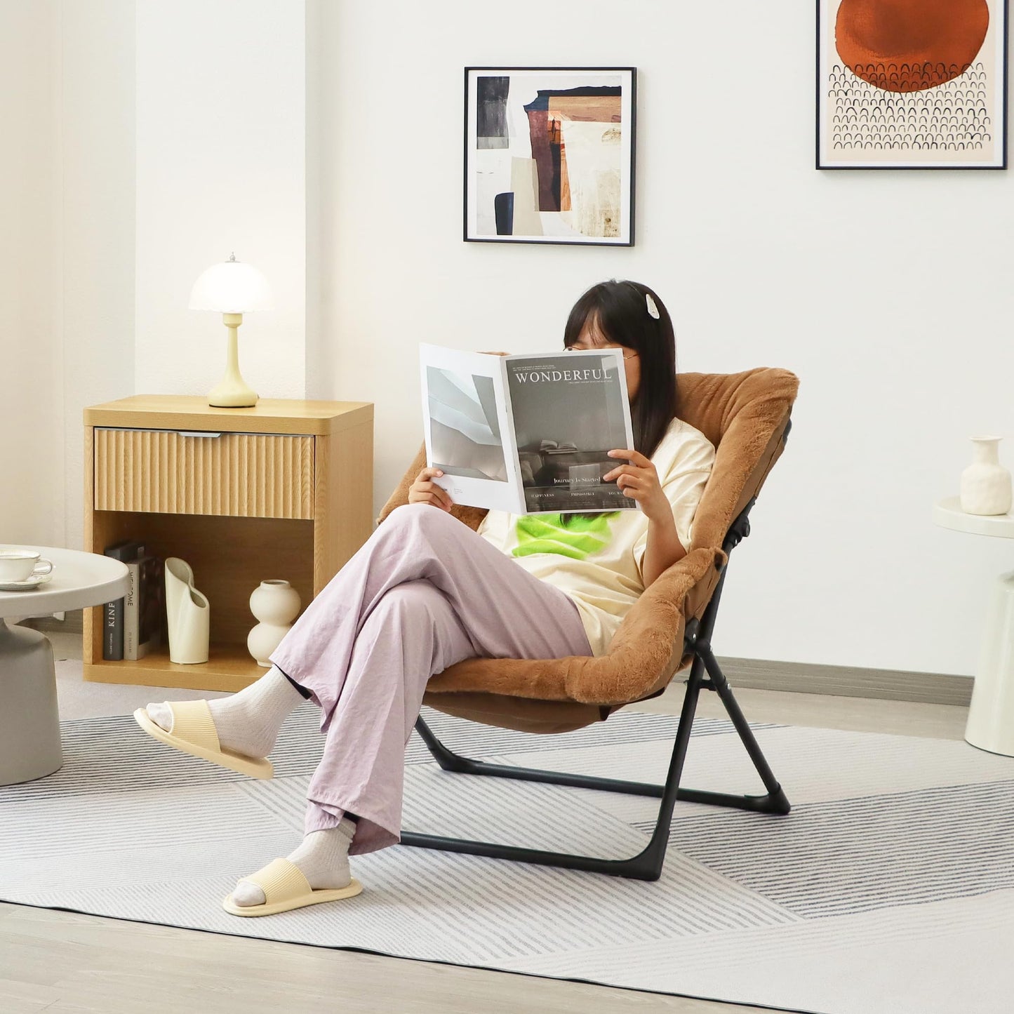 Mordchil HF Comfy Saucer Chair for Adults, Set of 2, Soft Faux Fur Bedroom Chair, Accent Dorm Chairs, Flexible Living Room Reading Chairs, Oversized Folding Lounge Seat for Teens, X-Large, Brown