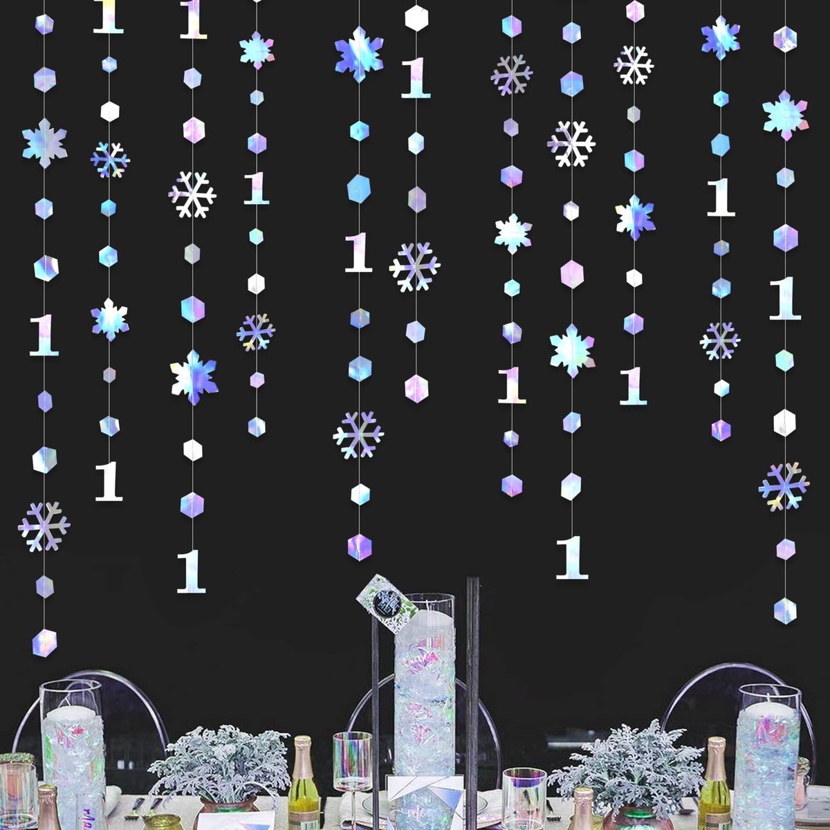 52Ft Winter Onederland Birthday Decorations Iridescent Snowflakes 1st Holographic Paper Snowflakes Garland Streamer for Winter Wonderland Christmas Frozen Snowflake First Birthday Party Supplies