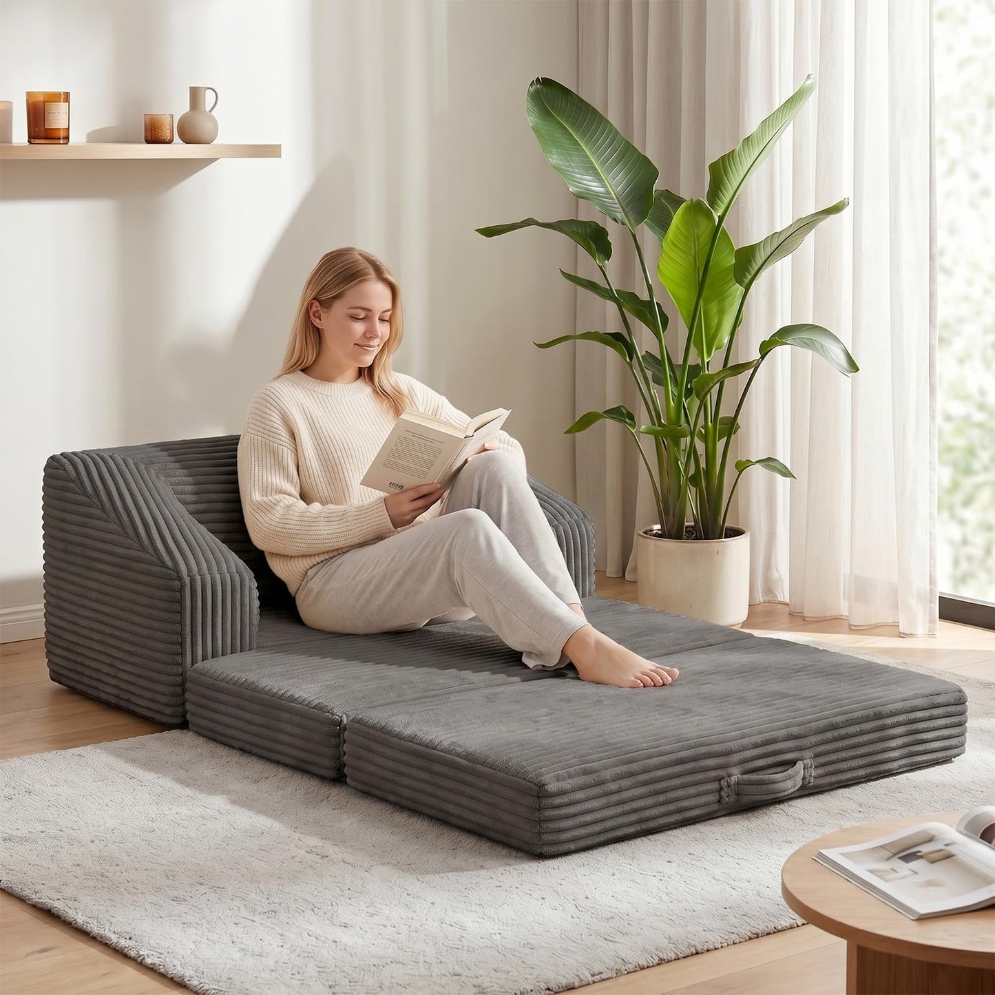 AOLVDOW Convertible Folding Sofa Bed, 2-in-1 Single Boneless Sofa with Soft Corduroy & Ultra-Thick Backrest, Foldable Boneless Chair Lounger Sleeper Sofa for Small Apartment, Living Room, Home Office