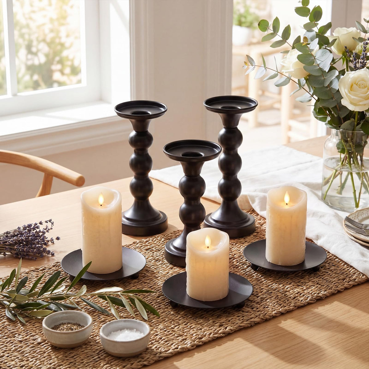 Vesici 12 Pcs Candlestick Holder Plate Pillar Candle Holder Candles Stand Decorative Centerpieces for Table Wedding Events Party Living Room Housewarming Gift (Baking Paint,Size 2,Black)