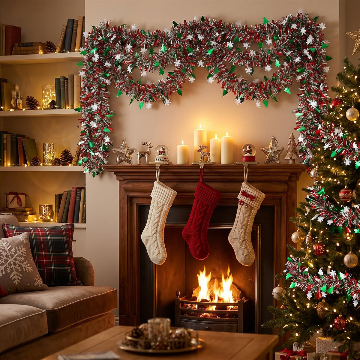 50 Feet Green Red Christmas Metallic Tinsel Twist Hanging Garland with Snowflake Xmas Tree for Home Mantle Xmas Tree Staircase Railing New Year Holiday Party Indoor Outdoor Decorations