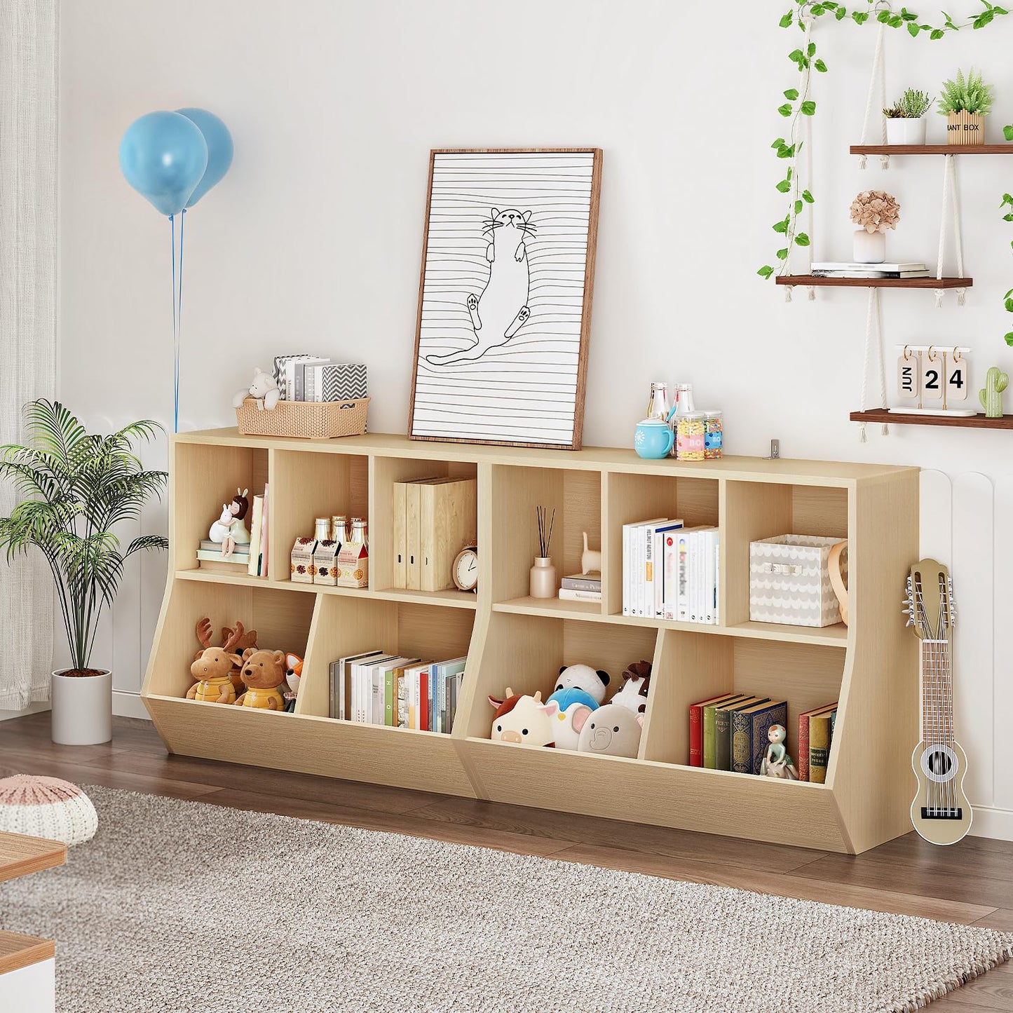 HOOBRO Kids Bookshelf, Bookcase Footboard, Toy Storage Cubby, Children's Toy Shelf, 35.4" L Storage Cabinet, Fit for Children's Room, Playroom, Hallway, Kindergarten, Natural NL32CW01