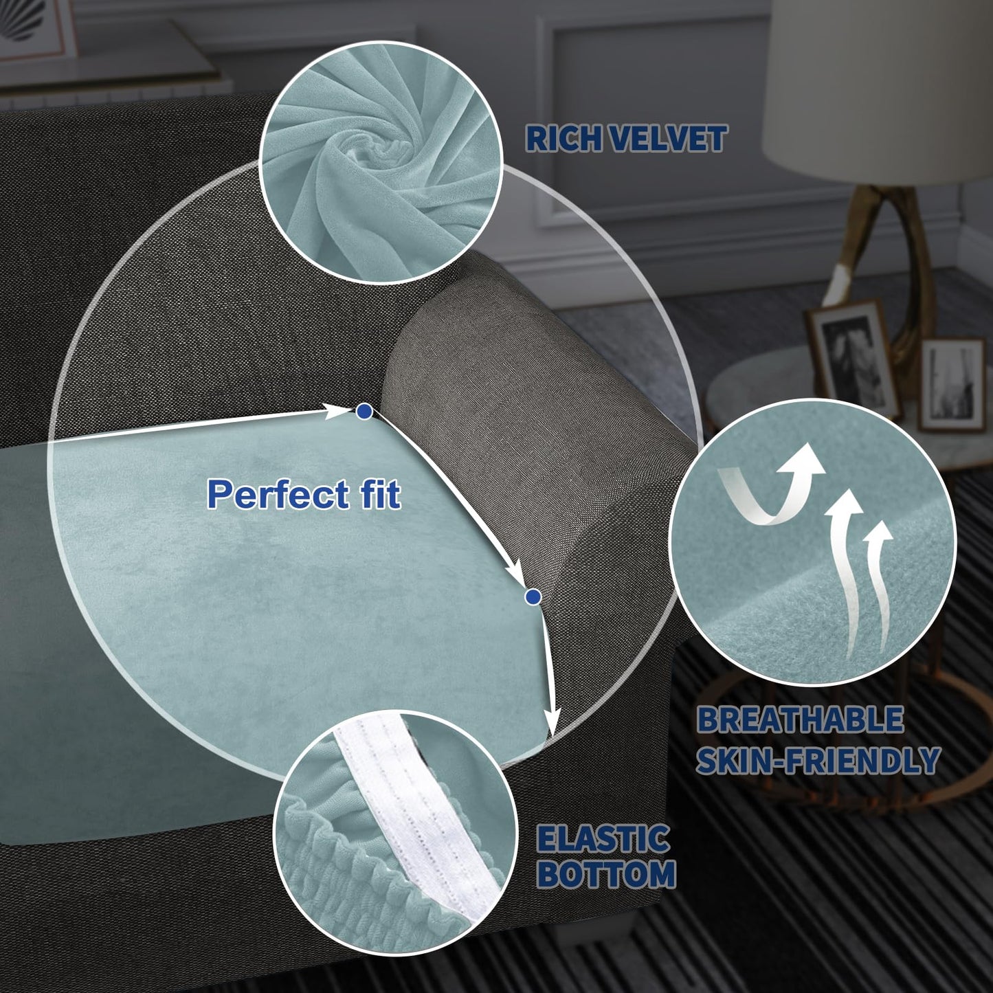 MAXIJIN Velvet Stretch Cushion Cover Fitted Couch Cushion Slipcovers 1 Pack Arm Chair Seat Cushion Cover for Individual Cushion Sofa Chair with Elastic Bottom (Chair Cushion, Dusty Blue)
