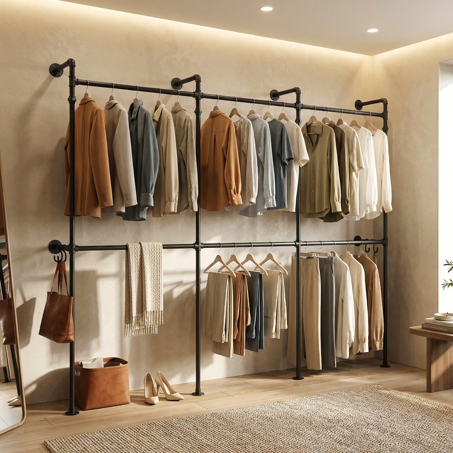 Kryonix Heavy Duty Wall Mounted Closet System, Industrial Pipe Clothing Rack with 6 Hanging Rods, 960LBS Capacity, Space Saving Garment Rack for Walk in Closet Bedroom, Black