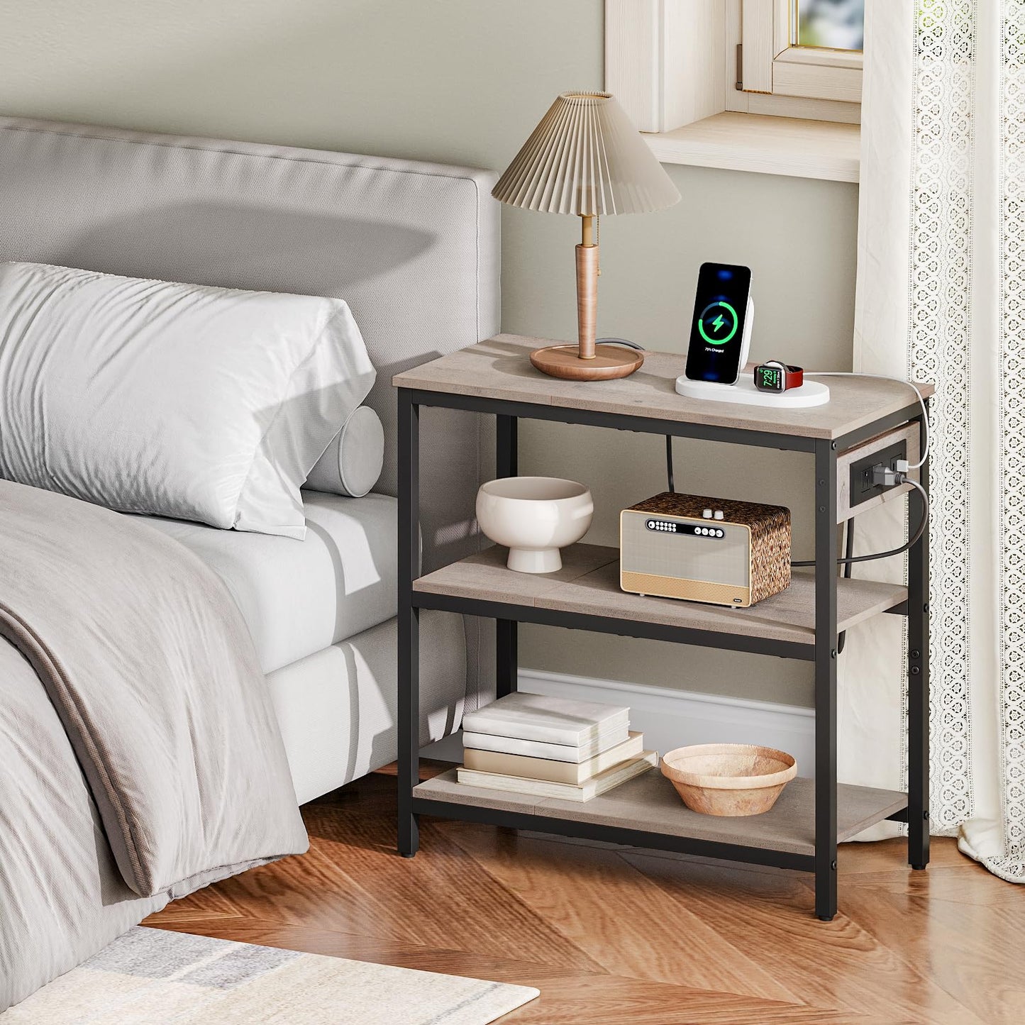 HOOBRO End Table with Charging Station, Side Table with 3 Tier Storage Shelf, Narrow Nightstand for Small Spaces, for Living Room, Bedroom, Easy Assembly, Greige and Black BG149UBZ01