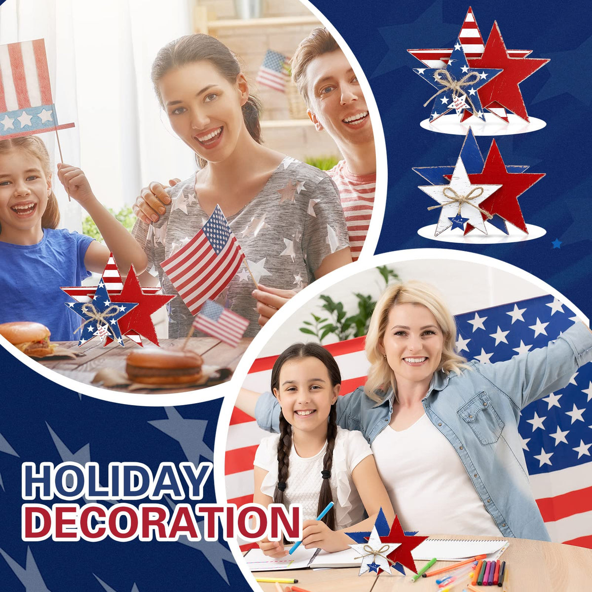 Pinkunn 2 Pcs 4th of July Wooden Star Decoration 250th Anniversary Large Faith Sign Patriotic Wooden Home Table Decor for Living Room Dining Table Centerpieces Memorial Day Decorations