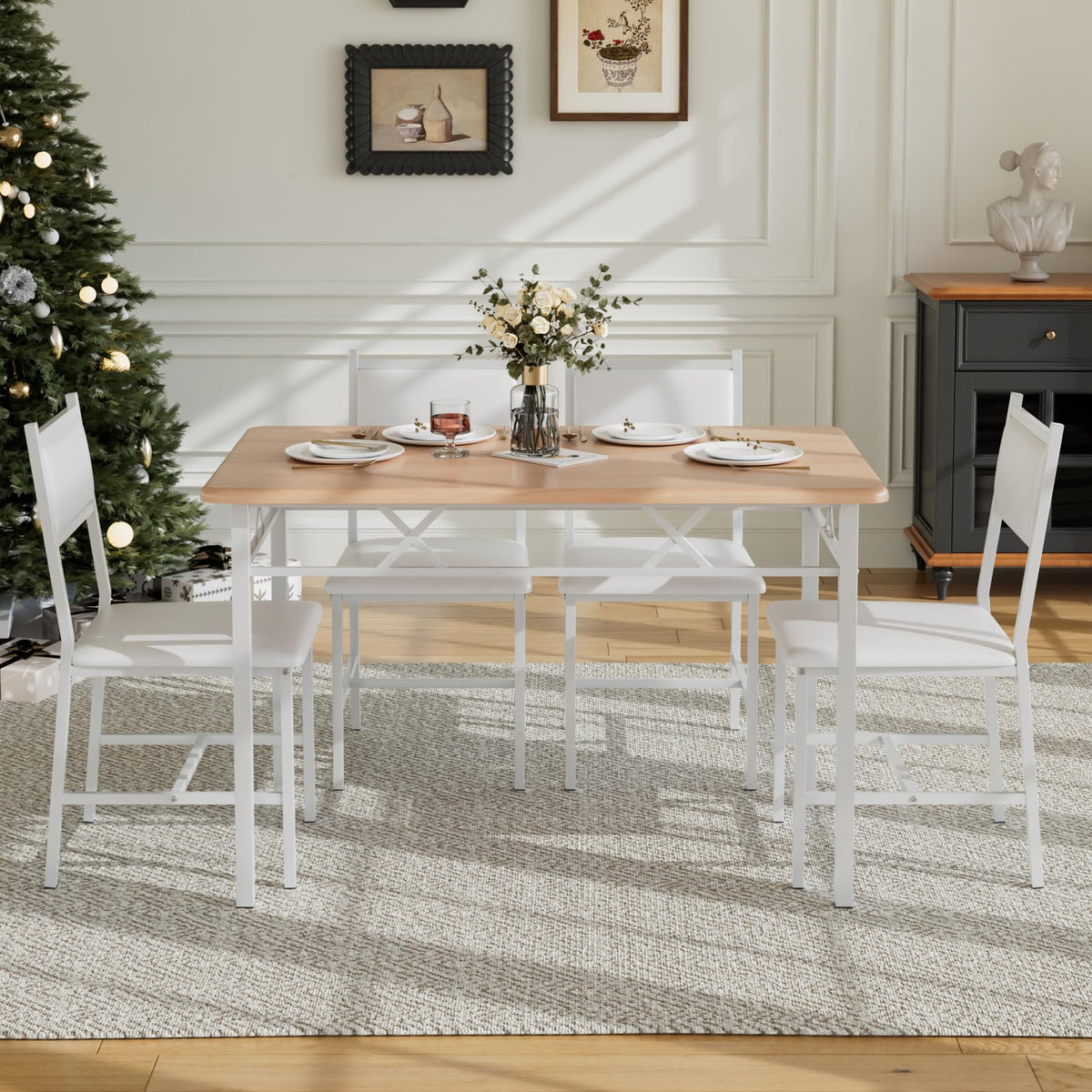 VECELO Dining Table Set for 4 with Chairs, 5-Piece Kitchen Table and Upholstered Padded Chairs Set for Small Space, Dining Room, Apartment, Natural White