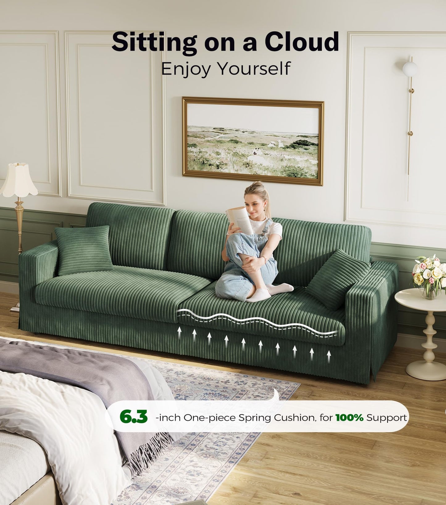 Welzona Plush Corduroy Couch, 101" Comfy Couches for Living Room, Tool-Free Setup Sofas for Living Room 6.3" Extra Wide Armrest, All-Wood Loveseat Sofa Couch for Bedroom/Office, 2 Pillows, Green