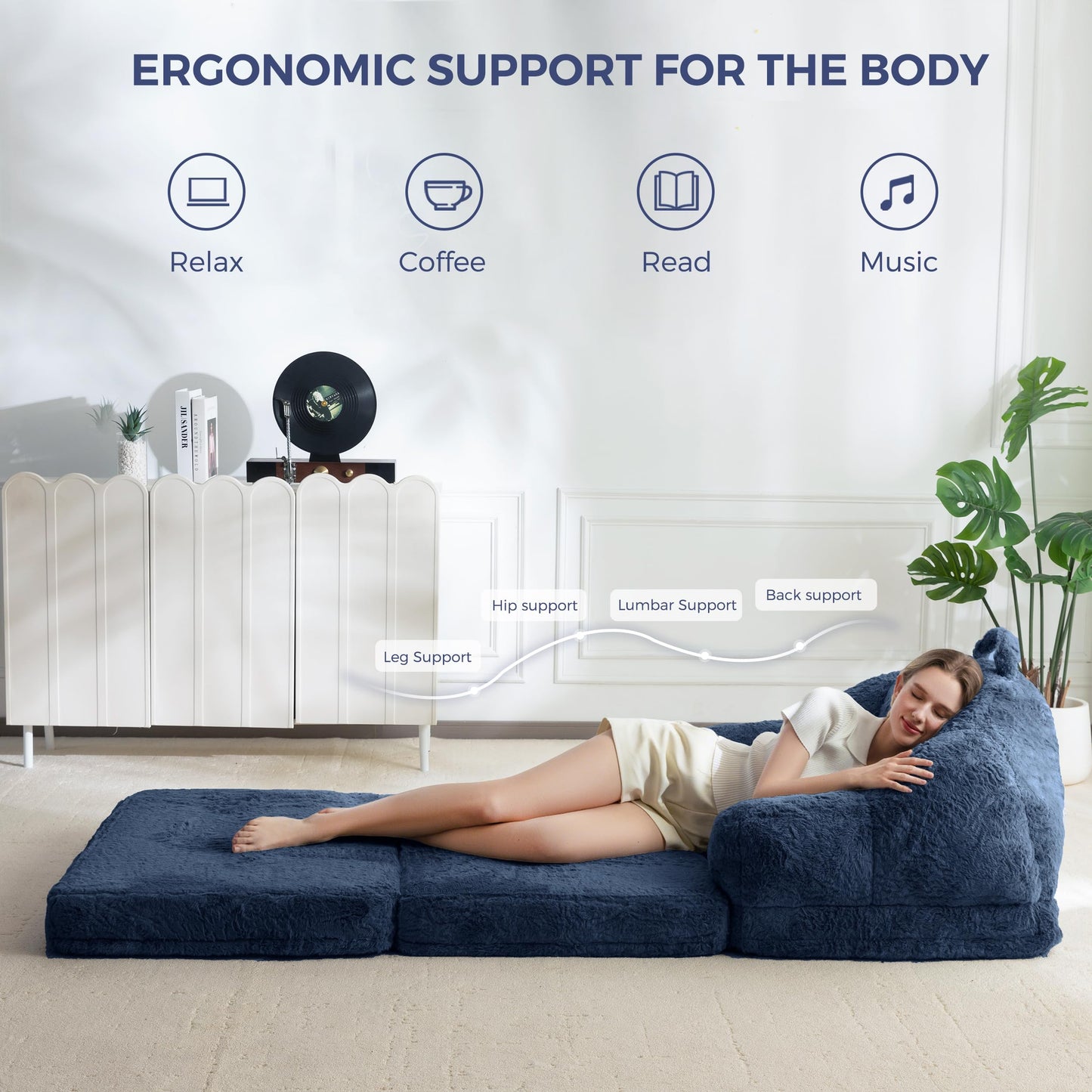 MAXYOYO Folding Sofa Bed, 2 in 1 Convertible Sofa to Lounger Comfy Single Bean Bag Chair for Adults, Floor Couch with Handle, Faux Fur Couch Bed for Living Room Bedroom, Navy