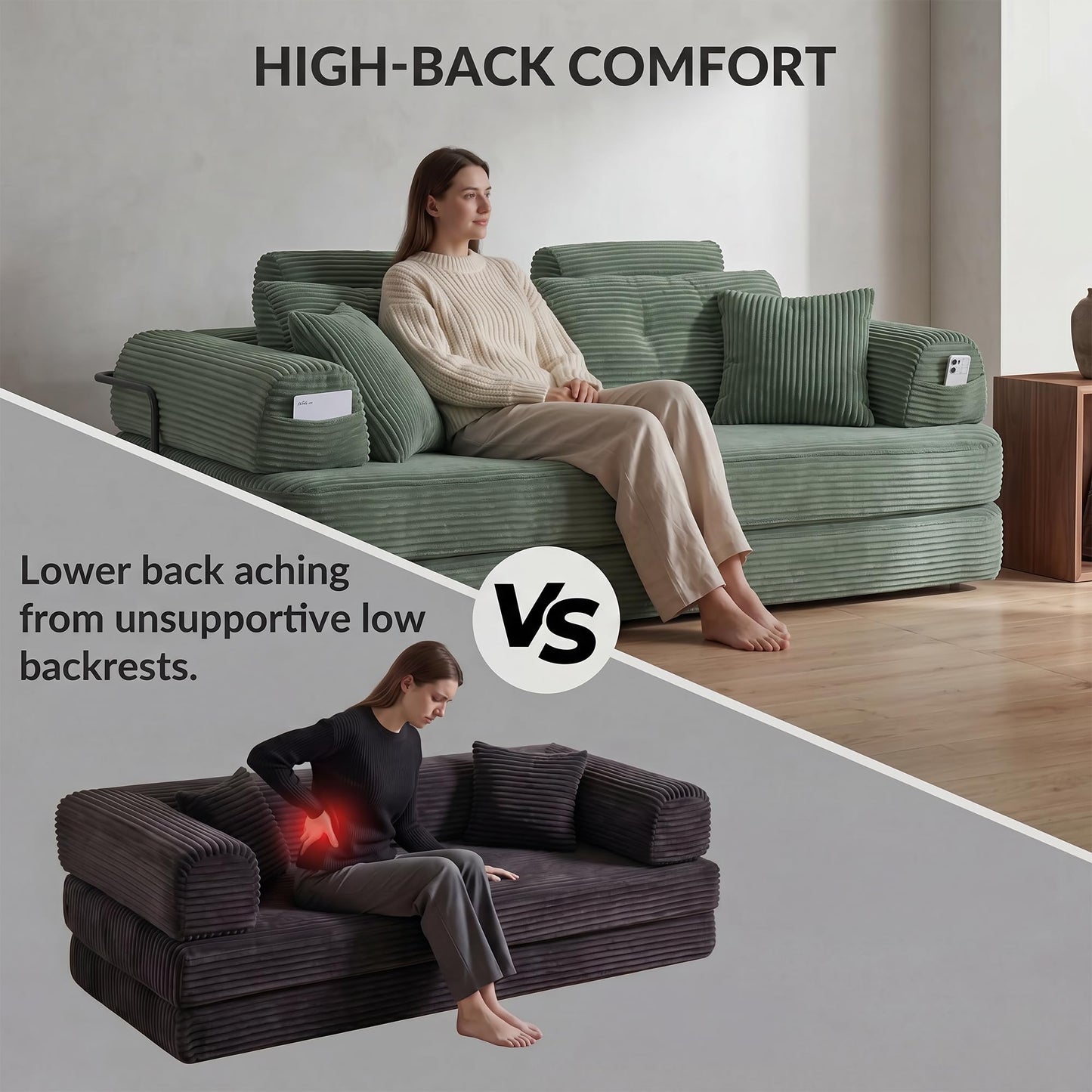 Boneless Floor Sofa, 3-in-1 Convertible Loveseat Sleeper Futon, Modular Small Space Couch Bed with High Headrests & Side Storage Pockets & 2-in-1 Pillow Blanket for Living Room, No Assembly, Bedroom