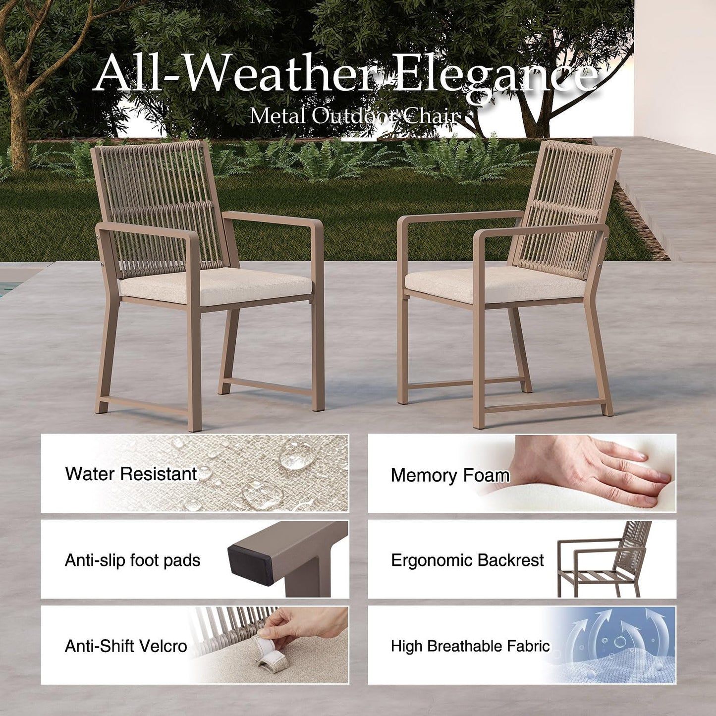 Coreporch Outdoor Patio Dining Chair, All-Weather Woven Rope Outdoor Chairs Set of 2, Sturdy Iron Frame, 400 lbs, Ergonomic Backrest, Removable Breathable Cushion, for Patio & Garden, Light Brown