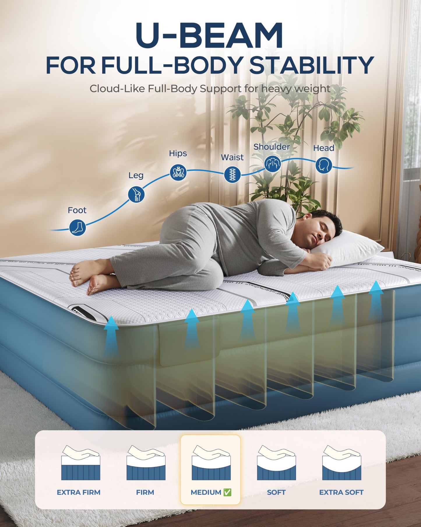 20” Tall Luxury Air Mattress with Quilted Foam Topper, Extra Firm Support with U-shaped PVC strap Inflatable Bed, Quiet & Comfortable Blow Up Bed for Home Guests, Camping, Travel, Fast Inflate AirBed