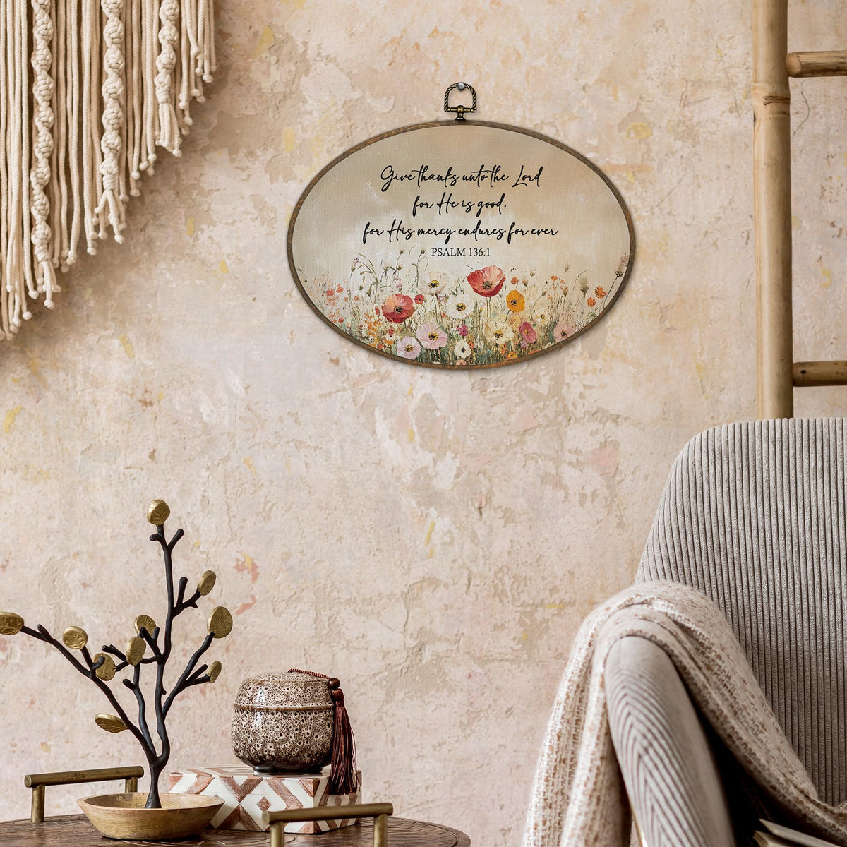 Sviojuce Christian Wildflower Oval Wall Art Decor 8.7x11.3, Bible Verse Thankful Framed Canvas Prints Wall Artwork, Fall Scripture Wall Hanging Decor for Home Bedroom Living Room Decorations