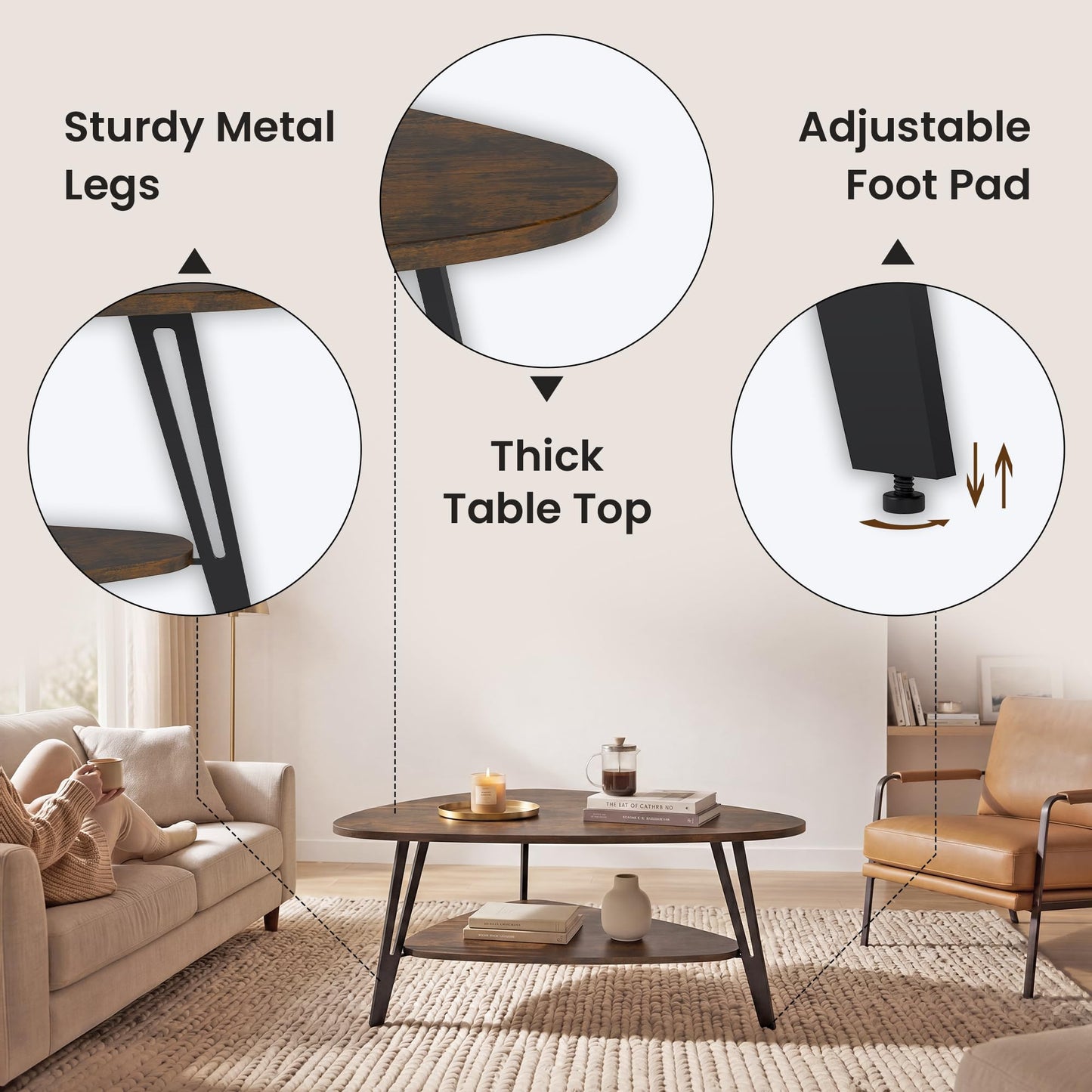 MWOOD Triangle Coffee Table, 33.5″‌Industial Center Table with Brown Top Surface&Black Metal Leg, Extra Storage Shelf for Living Room, Apartment(Rustic Brown&Black)