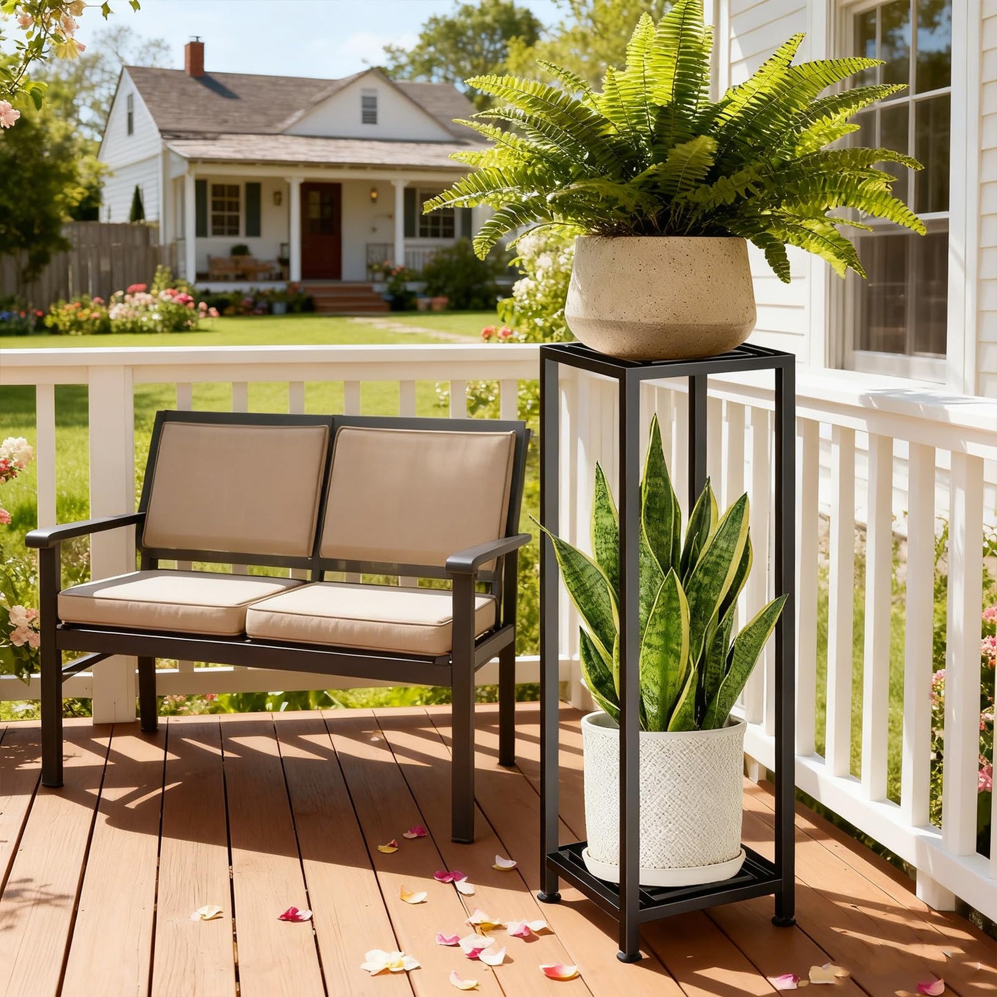 LUBORN Plant Stand Indoor Outdoor, 41'' Tall Wrought Iron Plant Stands, 2 Tier Heavy Duty Metal Pedestal Stand Decorative Flower Stand for Patio Garden Deck Living Room