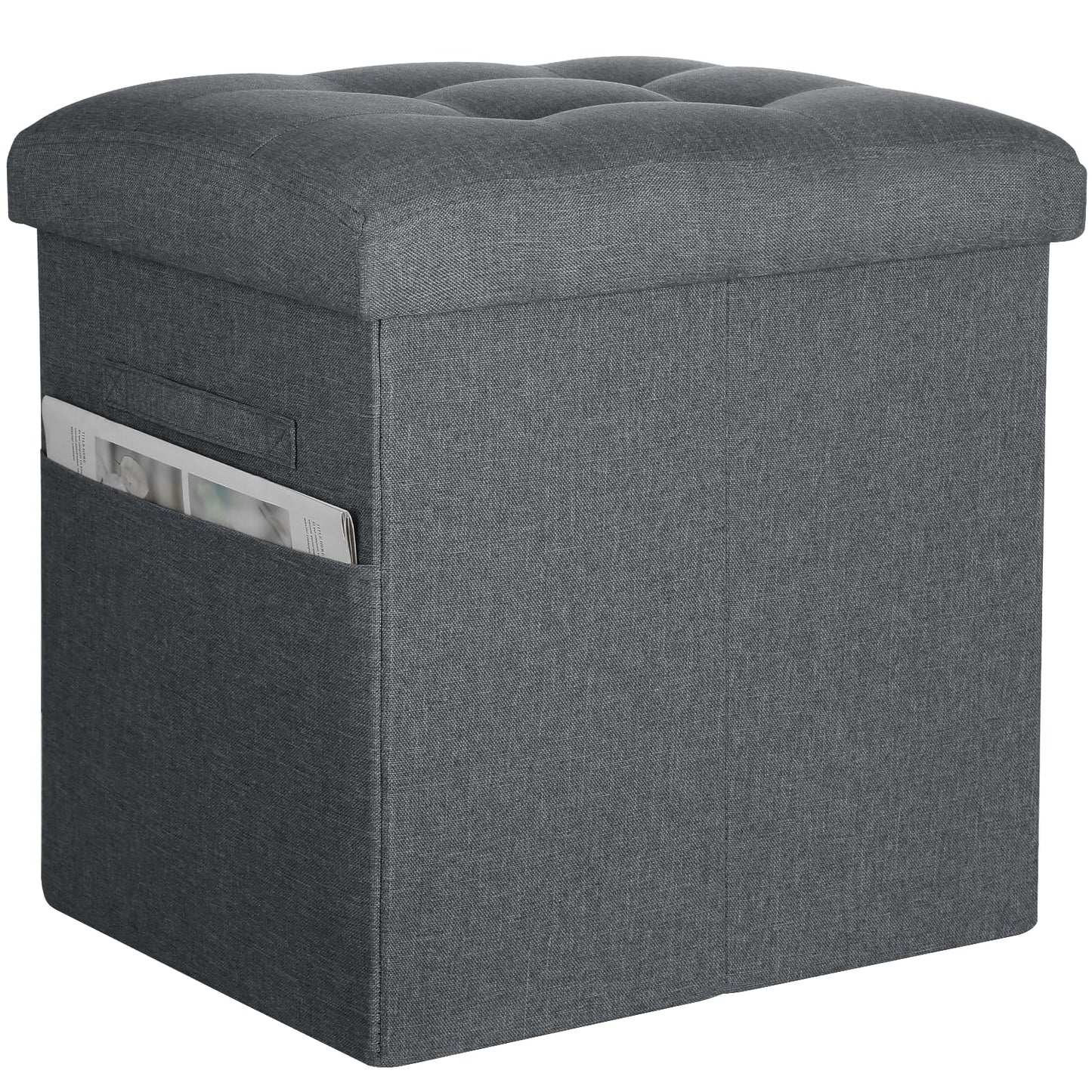 Storage Ottoman with Thicker Foam Padded Seat. 61L Slim Tall Foldable Foot Rest Stool with Linen Fabric, Ottoman with Storage Bench for Living Room Bedroom, 300lbs Weight Support, 17x13x17IN Dark Gray