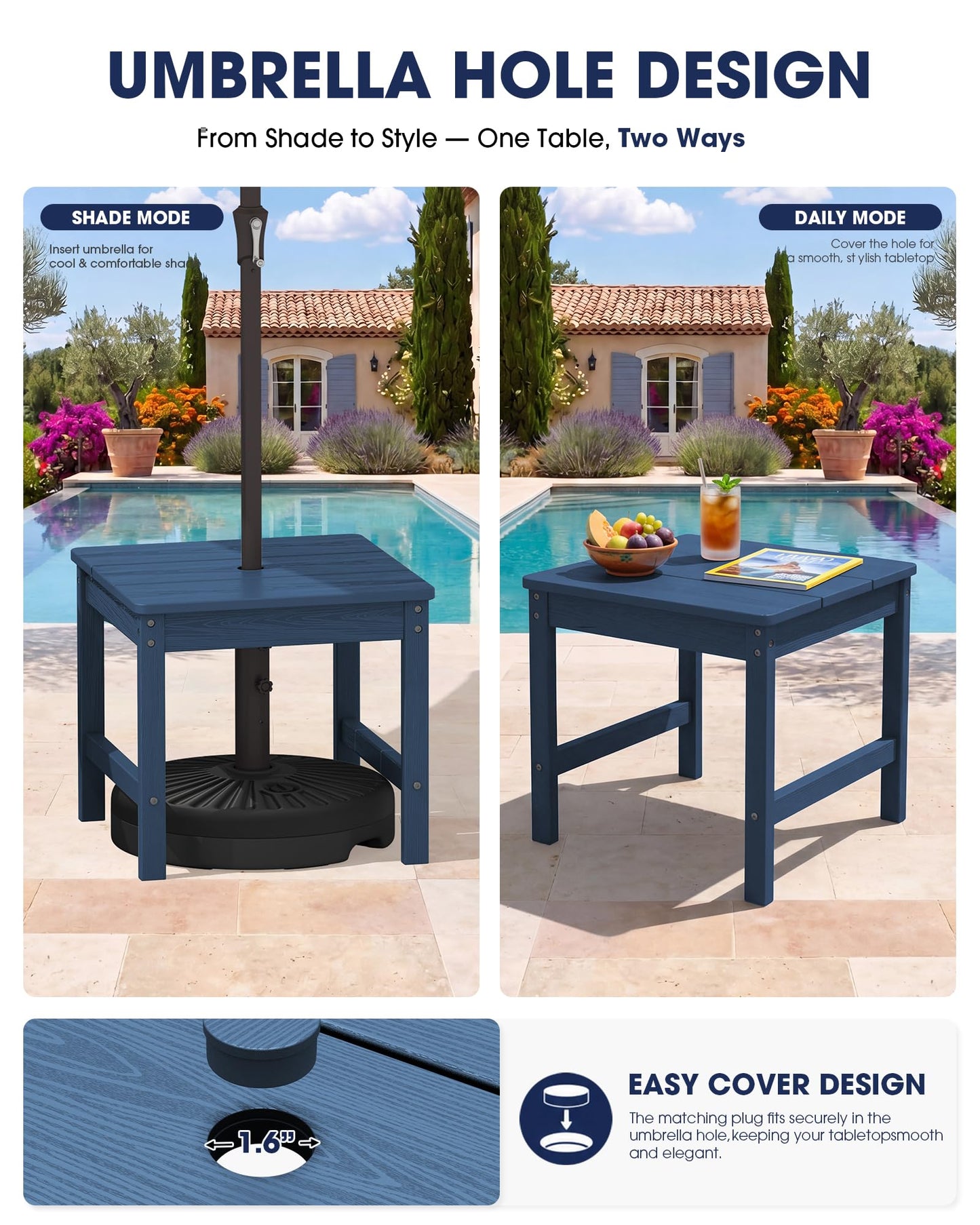KINGYES Double Side Table with 1.6'' Umbrella Hole, HDPE Adirondack End Table- Blue