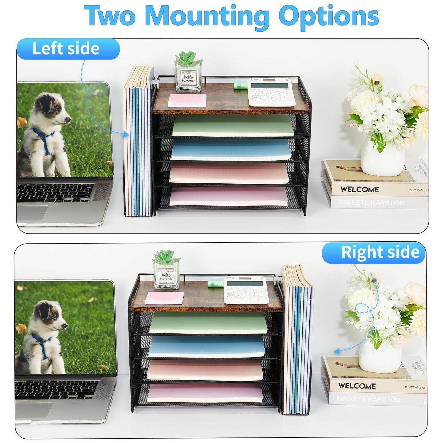 OPNICE Desk Organizer, 5-Tier Paper Organizer Letter Tray with Magazine Holder, Office Desk Accessories & Workspace Organizers, Desktop File Organizer for Office Supplies Storage, Wood