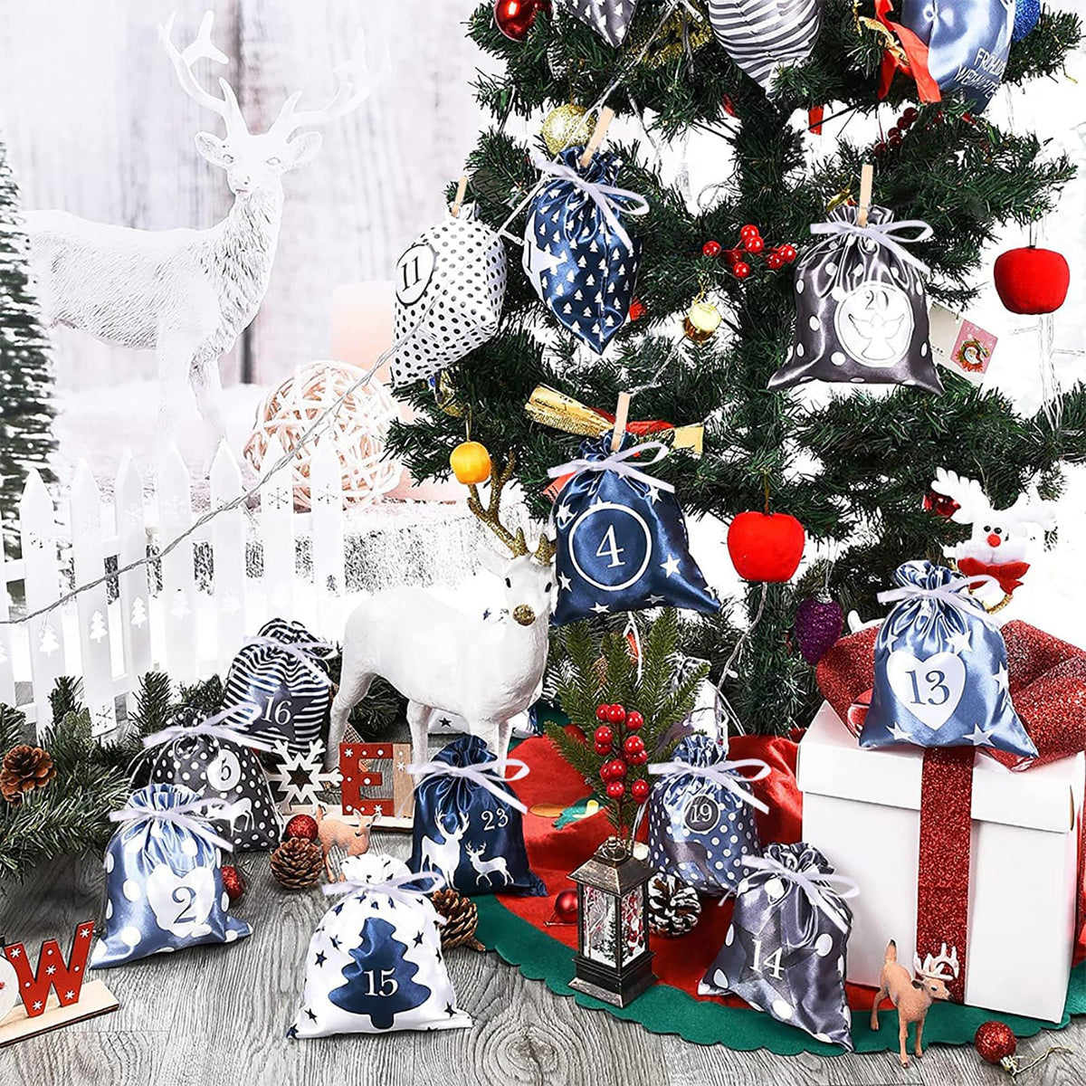 24 Pcs Christmas Drawstring Gift Wrap Bags Reusable Advent Calendar Bags Cute Xmas Candy Toys Goody Treat Bag Pocket for Holiday Weedings Birthdays Party Favor Home Storage Gift Bag