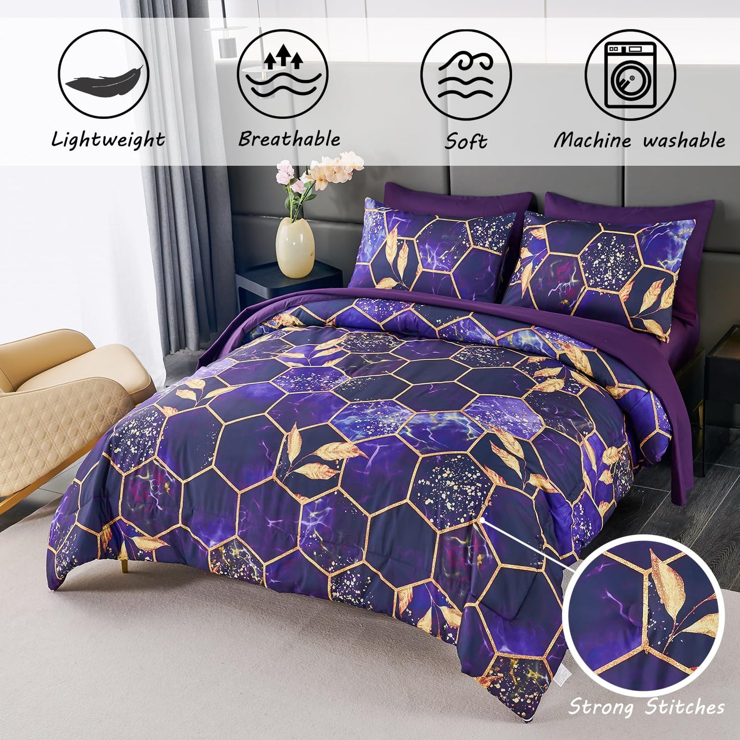 ZRNBAST 7 PC Honeycomb Purple Comforter Set with Sheets King Size Marble Comforter Bedding Sets Modern All Season Bed in a Bag for Women Men (Purple, King)