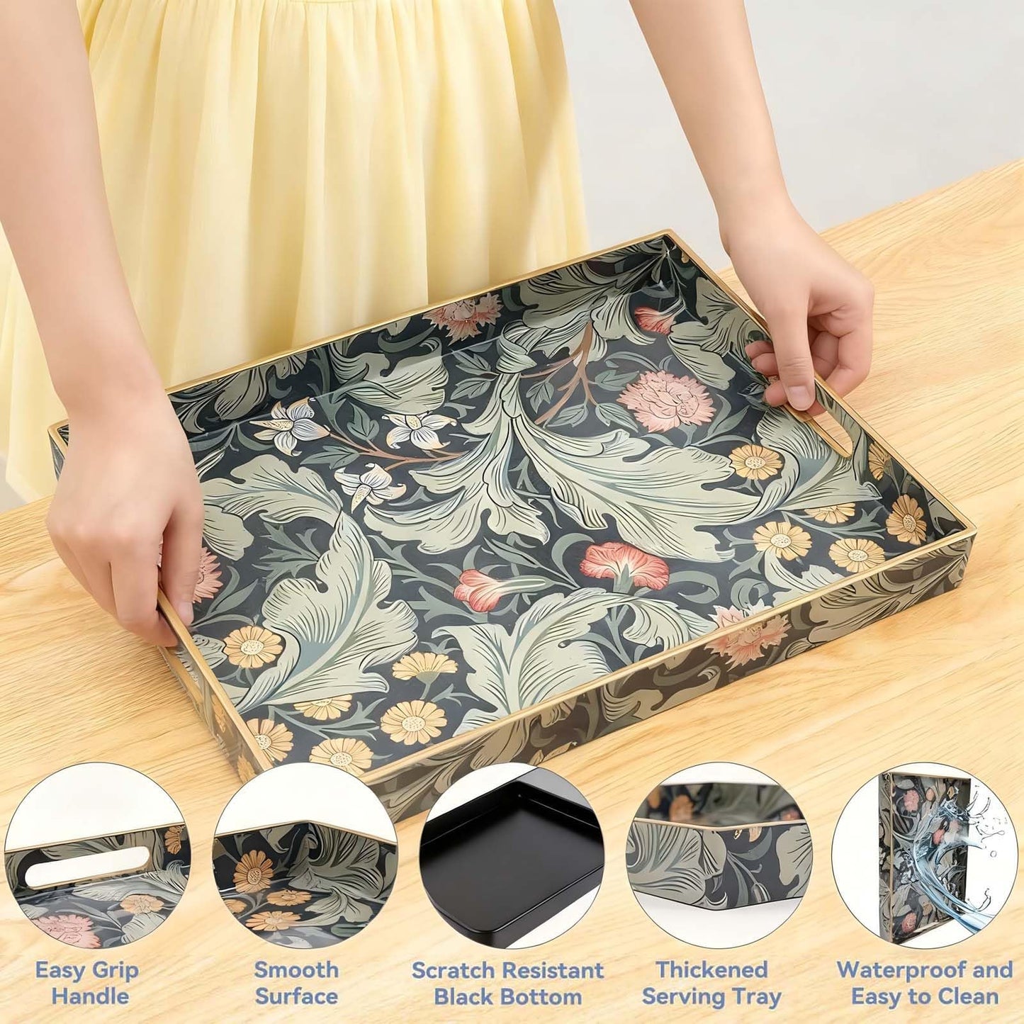 Large Tay for Ottoman Coffee Table,Modern Plastic Serving Tray with Handles,Rectangular Ottoman Tray Coffee Table Tray,Decorative Serving Tray for Living Room
