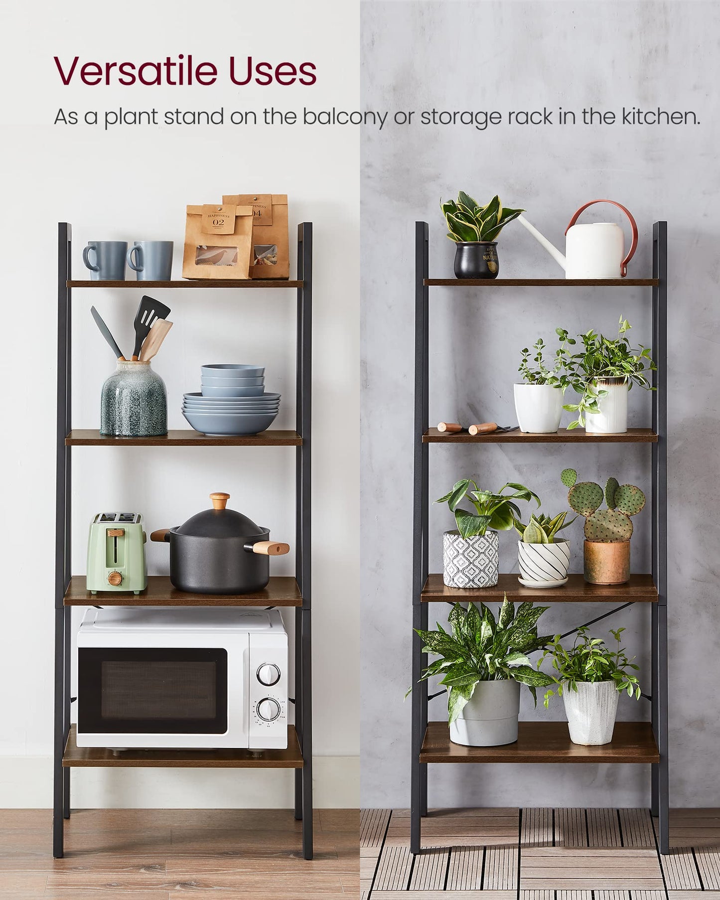 VASAGLE BARNET Collection - Ladder Shelf, Bookshelf, Storage Rack, Modern Bookcase for Living Room Home Office Kitchen, Steel Frame, 4-Tier, 22-Inch Wide, Hickory Brown and Ink Black ULLS44BF