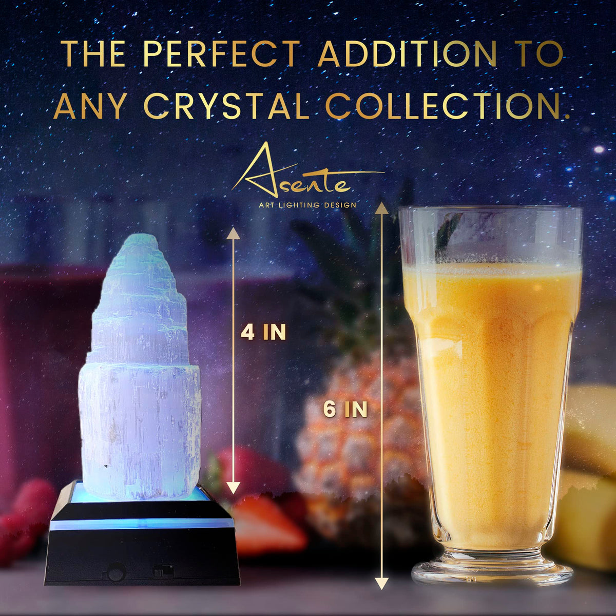 ASENTE 4 Inch Selenite Crystal Tower w/Light Stand - Lighted Base for Positive Energy Crystal Display - Calming Energy & Vibes
