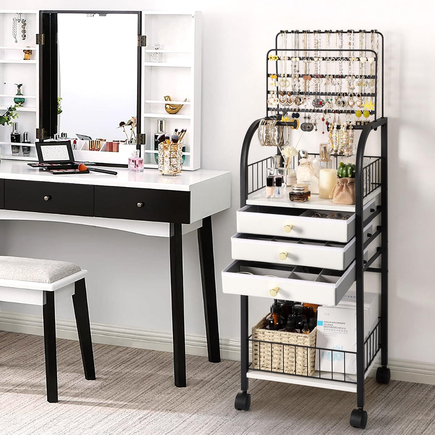 Keebofly Large Jewelry Organizer Stand with 3 Drawers, Floor Display Holder with Necklace, Earring, Bracelet, Ring Storage — Rolling Armoire Tower for Bedroom or Closet (Black)