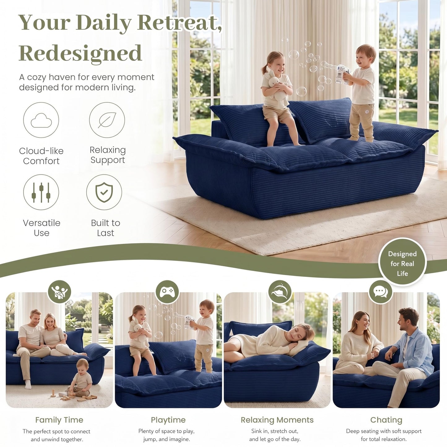JUIKURY 55" Convertible Corduroy Sofa Bed, Boneless Foldable Loveseat Sleeper Couch, Compressed Foam Floor Sofa with Removable Cushions & Pillows for Small Space Living Room