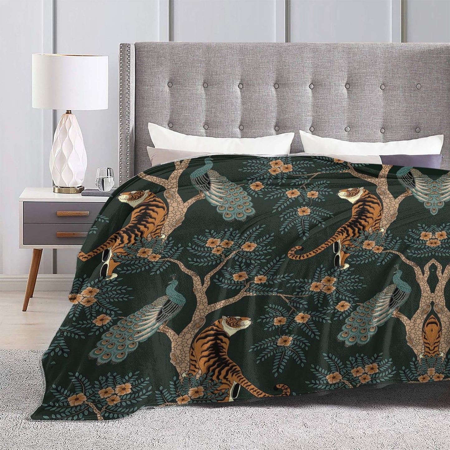 Tiger and Peacock Throw Blanket 50"X40" Lightweight Flannel Throws Blankets for Couch Bed Sofa Living Room Bedroom Home Decor,Soft Cozy Fluffy Fuzzy Plush Blanket for All Season