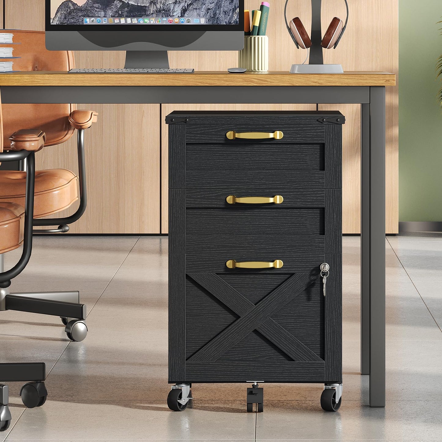 HOOBRO 3 Drawer File Cabinet with Lock, Mobile Farmhouse Filing Cabinet for A4/Letter Size, Under Desk Rolling Office Cabinet, Printer Stand with Storage for Home Office, Black BK67WJ01