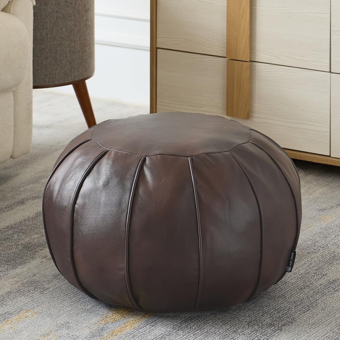 Louis Donné Brown Waterproof Faux Leather Unstuffed Pouf Ottoman, Handmade Moroccan Pouf Cover 21"x13", Round Floor Cushion Floor Chair Footstool for Living Room, Bedroom and Wedding (Only Cover)