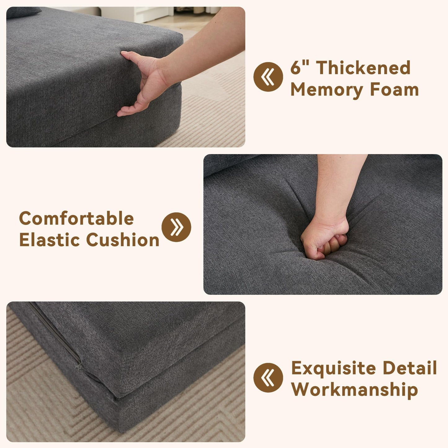 WUTUTUEE Folding Sofa Bed Convertible Floor Couch Foldable Chair Bed with Pillow，Linen Sleeper Chair Futon,Foldable Memory Foam Mattress for Bedroom/Living Room/Dorm/Office (Dark Grey, Single)