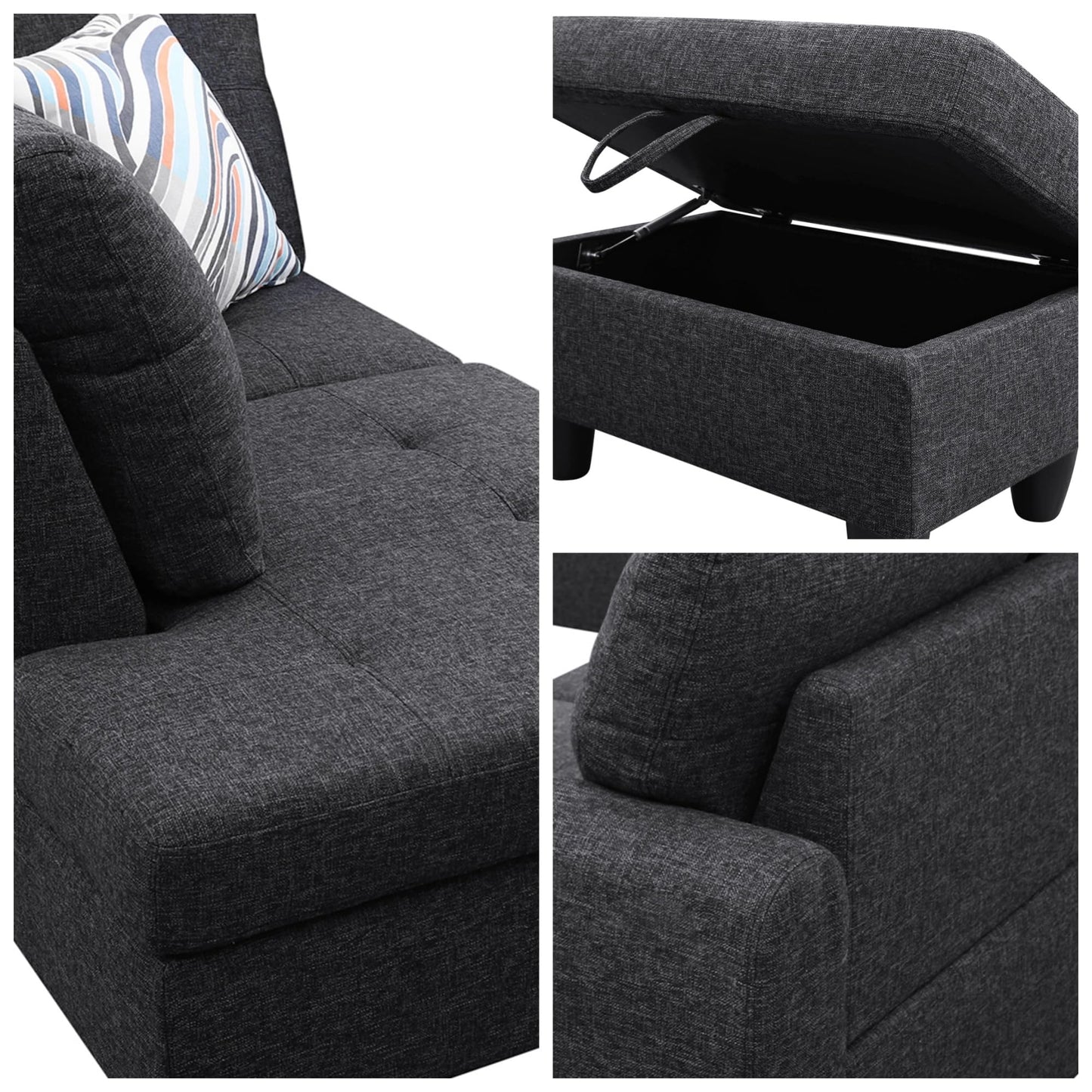 Trygoal L-Shaped Sectional Sofa with Movable Chaise & Storage Ottoman, Lounge 3-Piece Modular Convertible Couches for Living Room, Apartment & Office, Blackish Gray