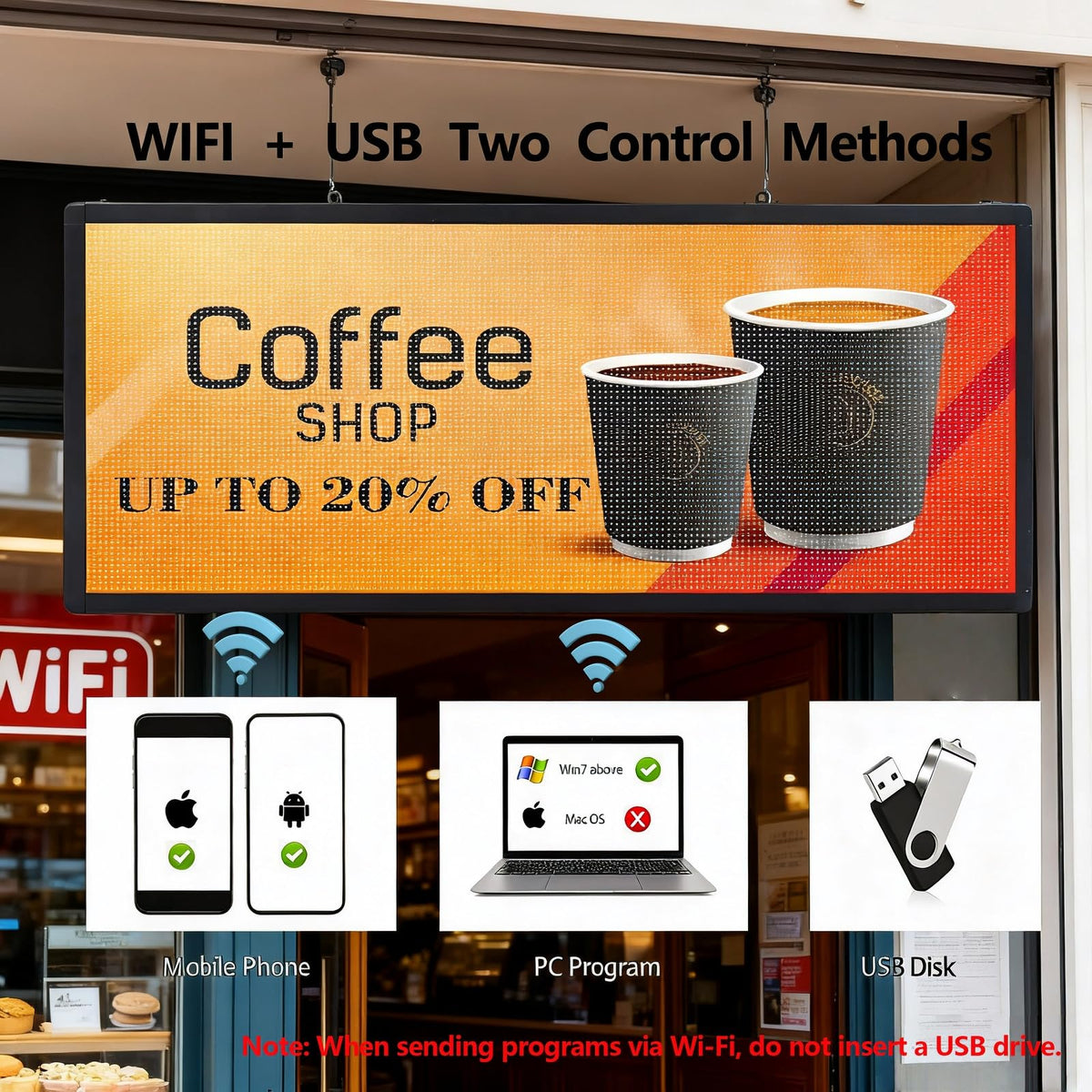 P6 Programmable LED Sign Supports Text/Image/Video, 40"x17" Outdoor Scrolling LED Digital Display for Business, IP65 Waterproof Electronic Message Board with WiFi & USB Control