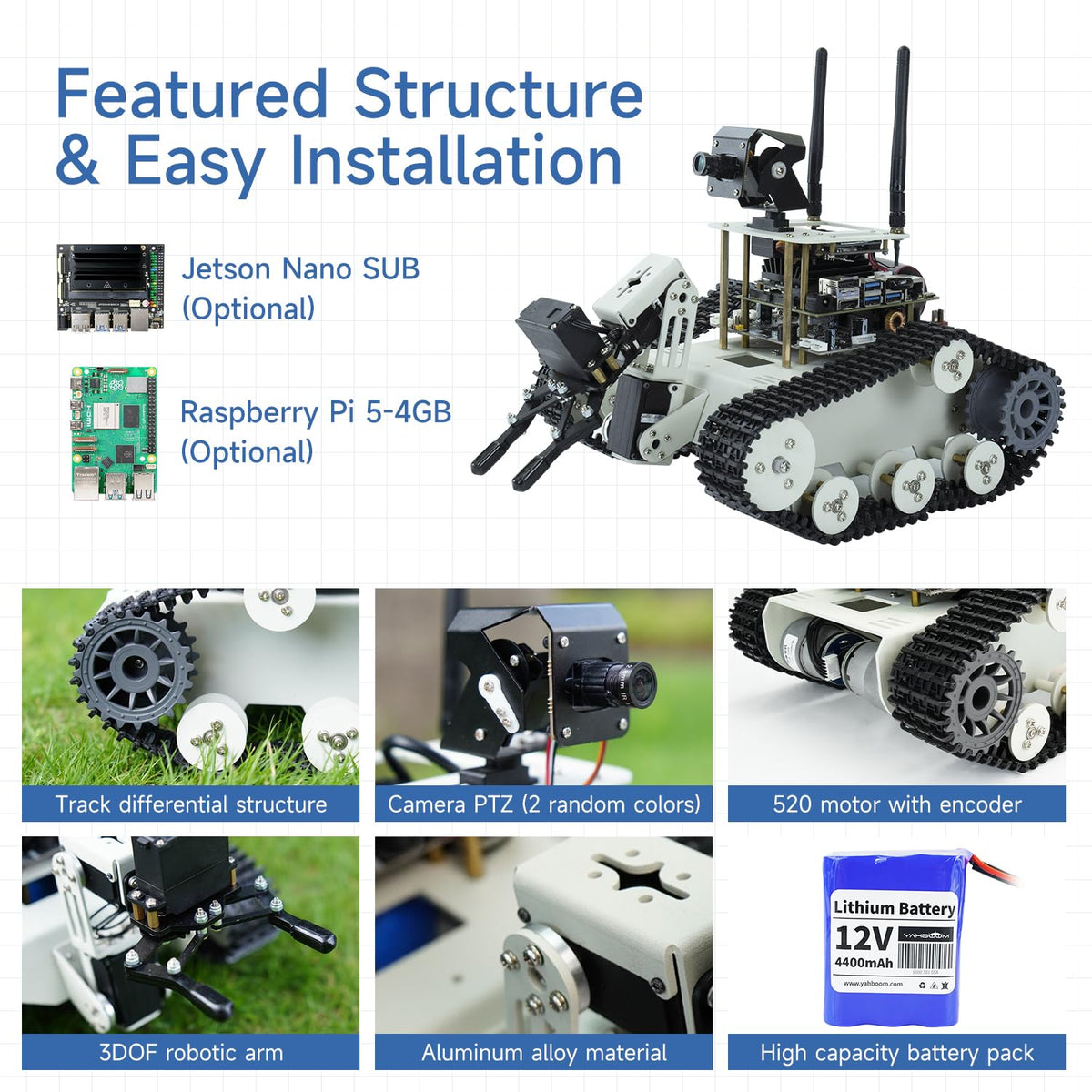 Yahboom Raspberry Pi 5 Robot Track Tank Car Kit with Robotic Arm Artificial Intelligence Learning Electronic Programming for Teens Adults (Transbot-SE Without Pi)