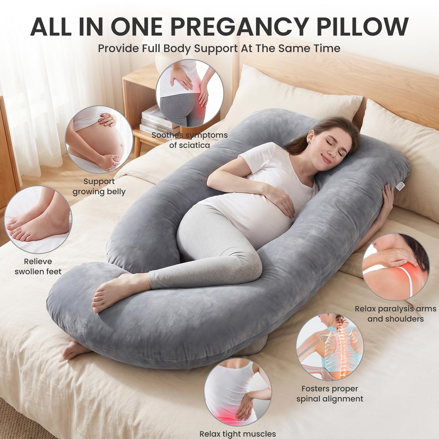 Jcickt Pregnancy Pillow for Sleeping,59 inch Maternity Pillow with Removable Washable Cover,U-Shaped Velvet Full Body Pregnant Pillow -Support for Backs,Legs, Belly, HIPS, Improve Sleep-Gray
