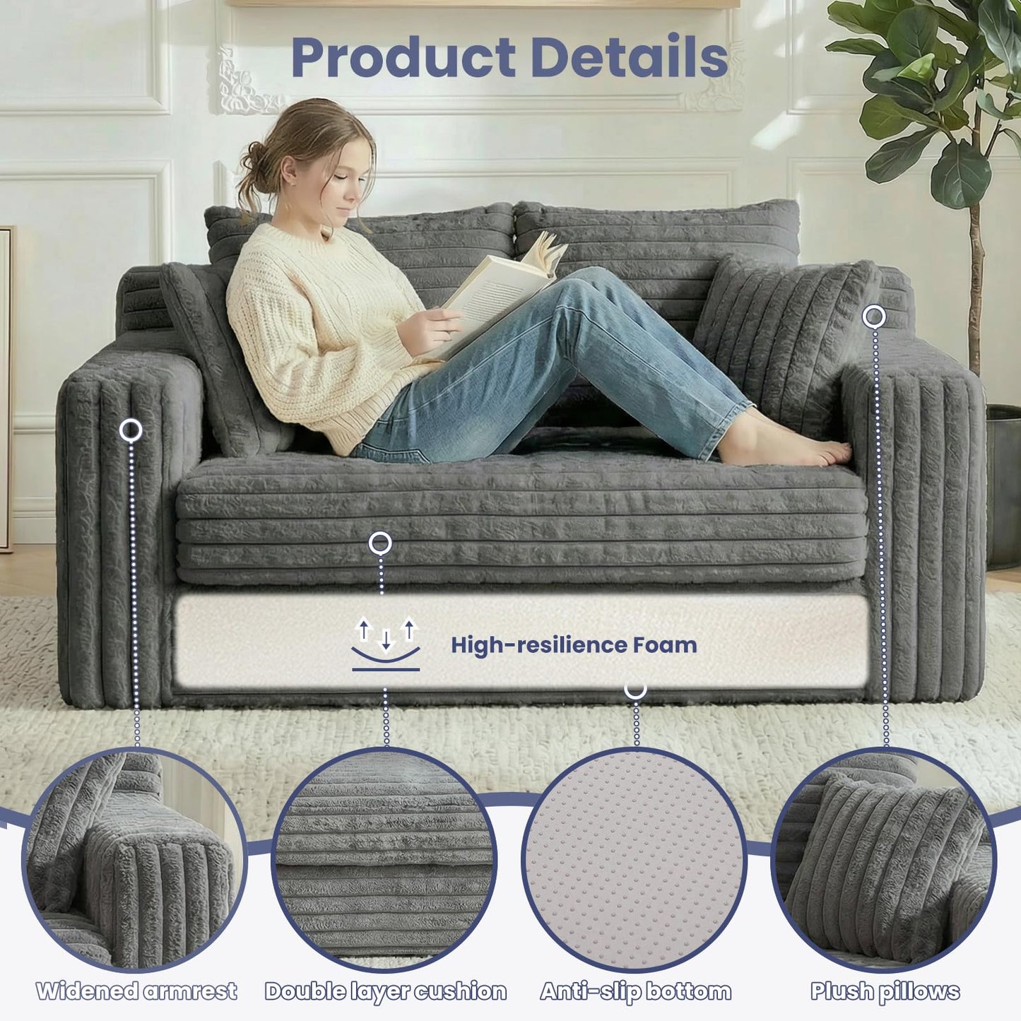 3-in-1 Convertible Sofa Bed: Boneless Loveseat Sleeper & Folding Couch Bed with 4 Pillows & Detachable Cushion, Furry Futon Couch for Bedroom, Apartment, Office and Living Room, No Assembly, Grey