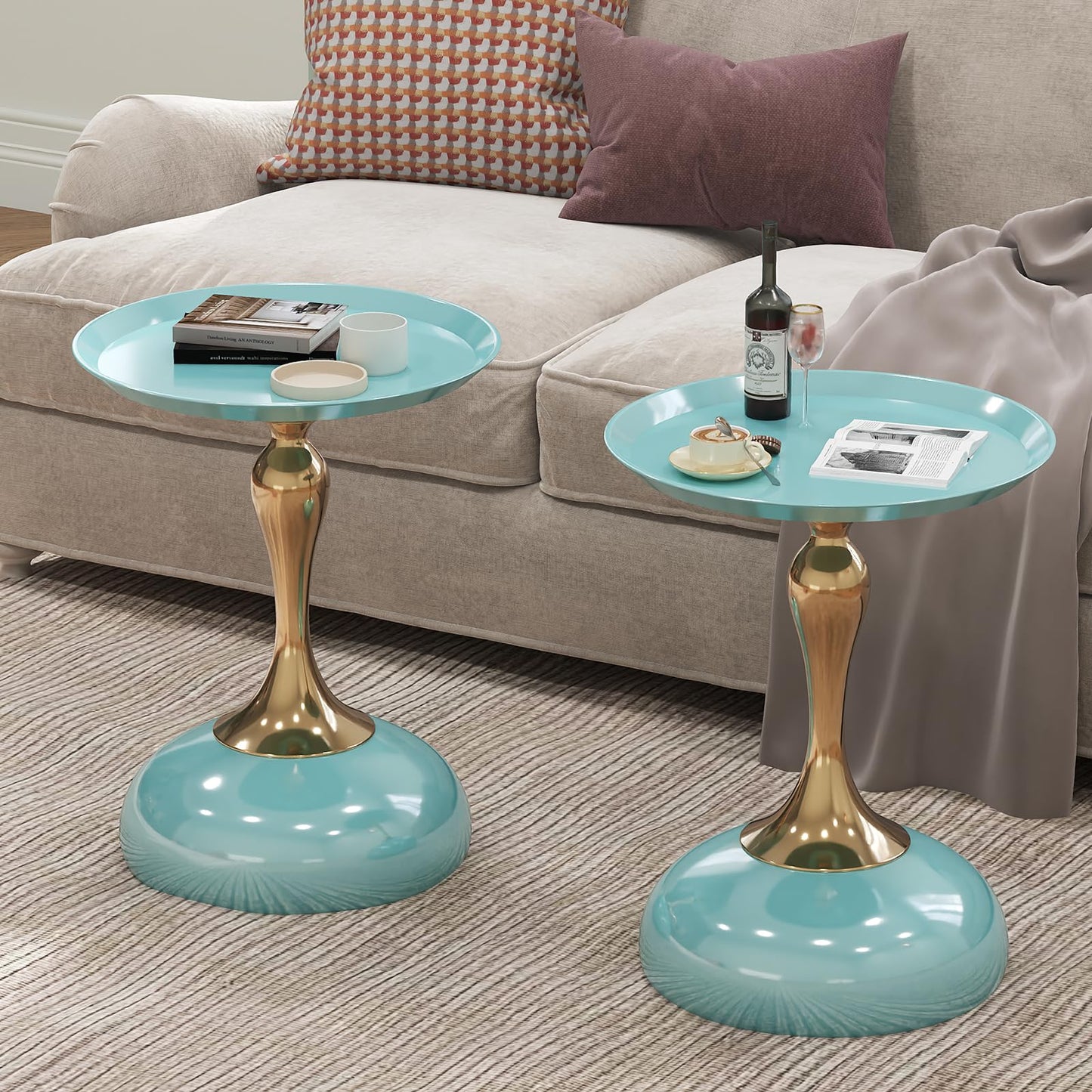 wangbochuan 1-Pack Light Green Sleek Hourglass Side Table - Glossy Finish & Metallic Base | Contemporary Accent End Table for Living Room, Cafe & Home Decor Spaces