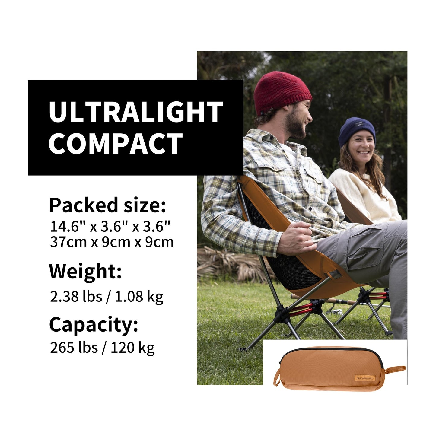 Naturehike YL08 Ultralight Camping Chair, 2.38 LBS Portable Backpacking Chair with Anti-Sinking Feet, Lightweight Compact Folding Hiking Camp Chair