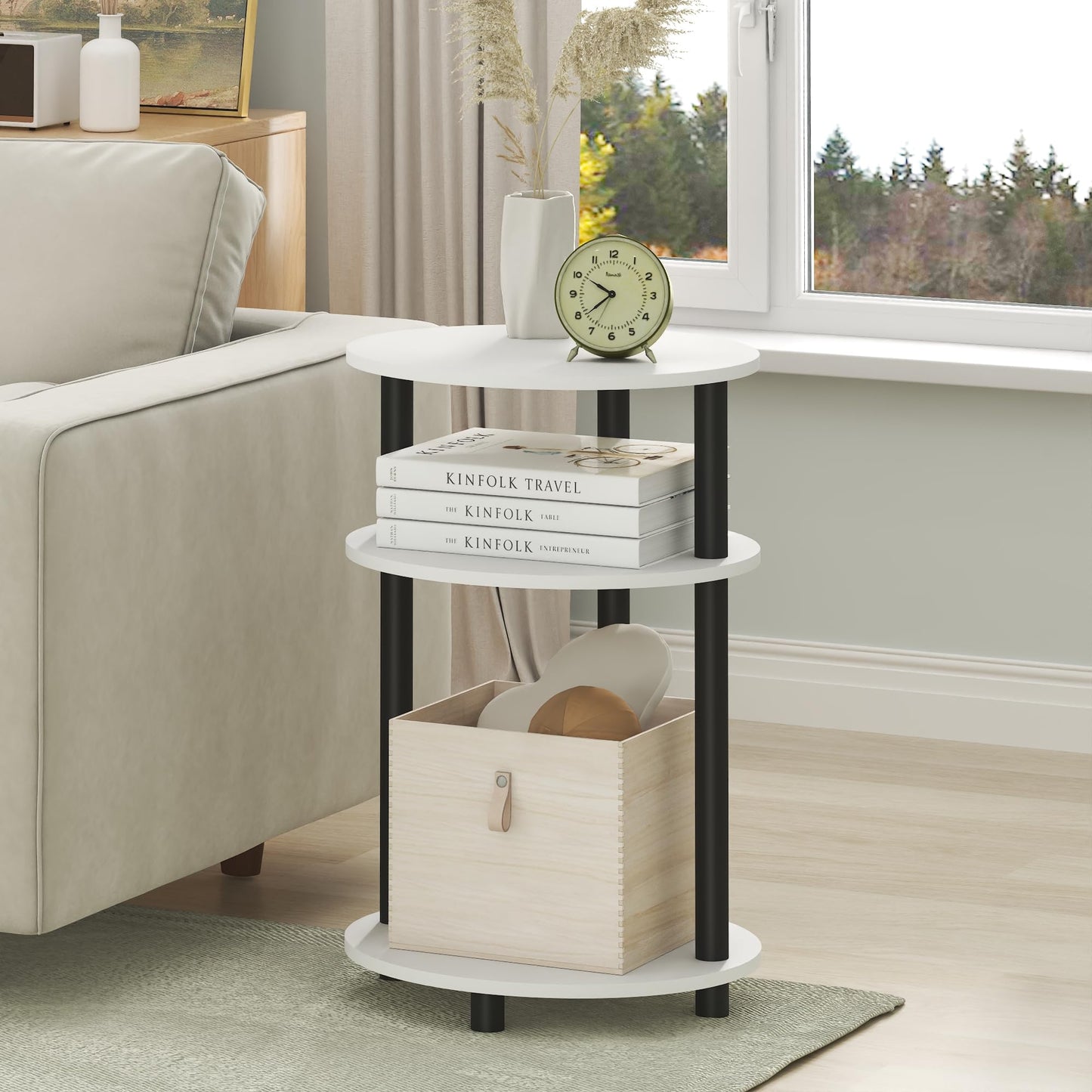 Furinno Turn-N-Tube Side Table, 3-Tier Oval End Table, Night Stand, Bedside Table, for Living Room, Bedroom, White/Black