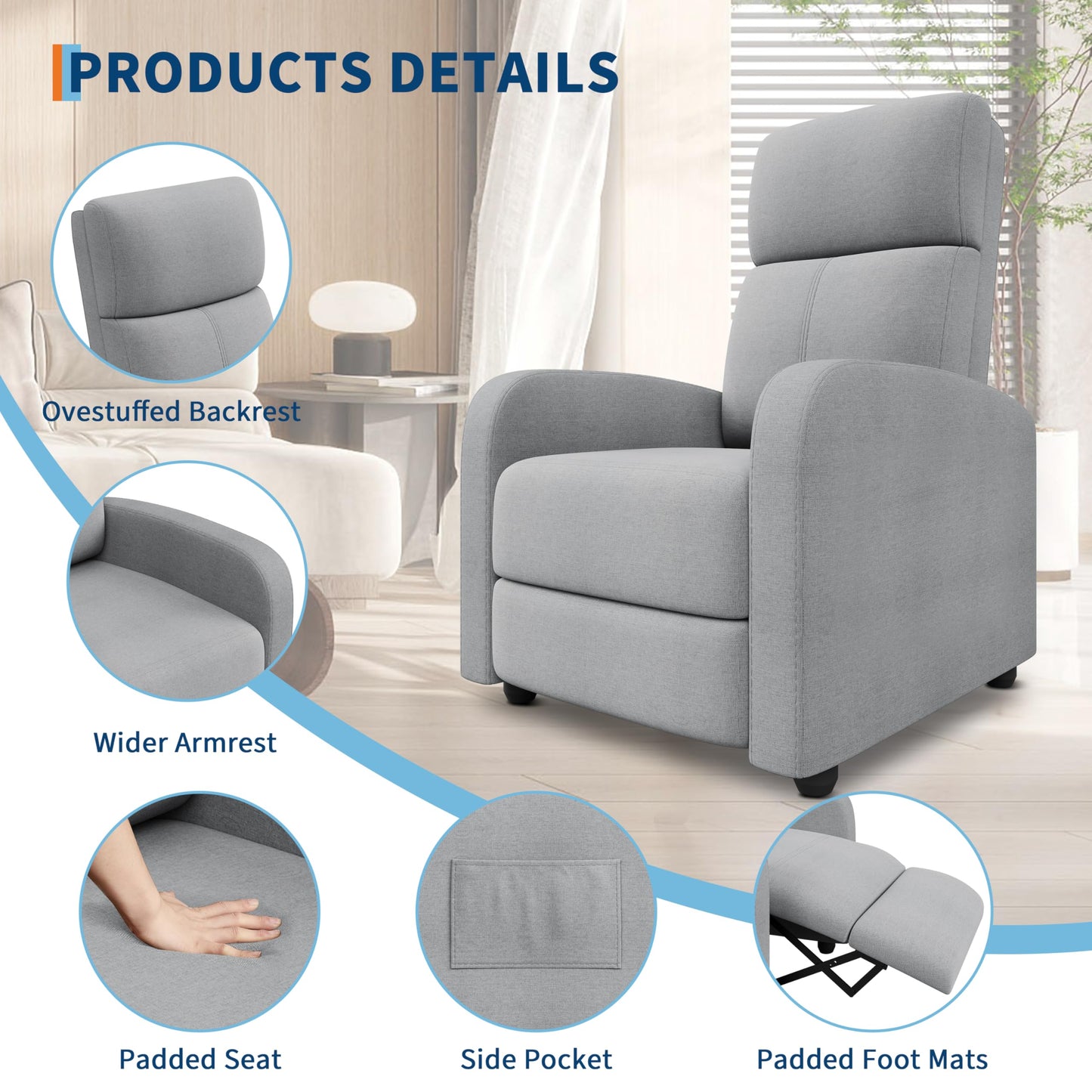 Manual Recliner Chair for Adults, Linen Upholstered Reclining Armchair with High Back & Retractable Footrest, Compact Single Sofa with Side Pocket for Nursery, Bedroom & Living Room, Grey