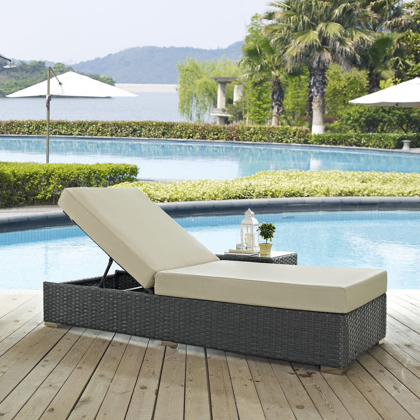Modway Sojourn Outdoor Patio Rattan Chaise Lounge with Sunbrella Brand Antique Beige Canvas Cushions