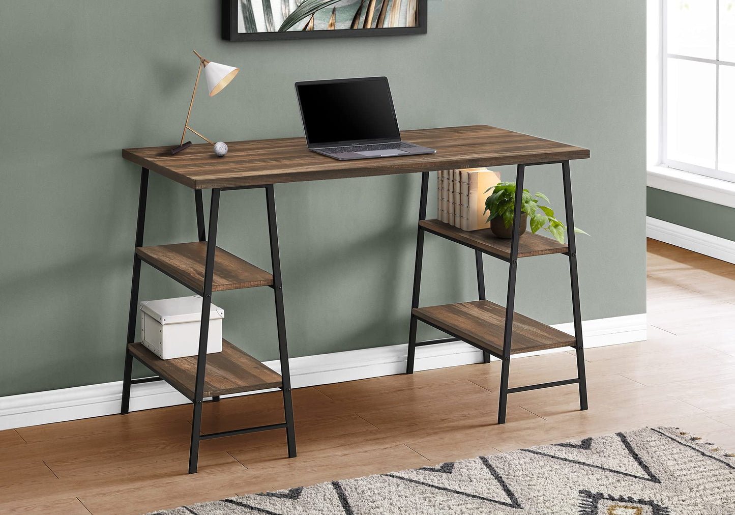 Monarch Specialties I 7525 Computer Desk, Home Office, Laptop, Storage Shelves, 48" L, Work, Metal, Laminate, Brown, Black, Contemporary, Modern