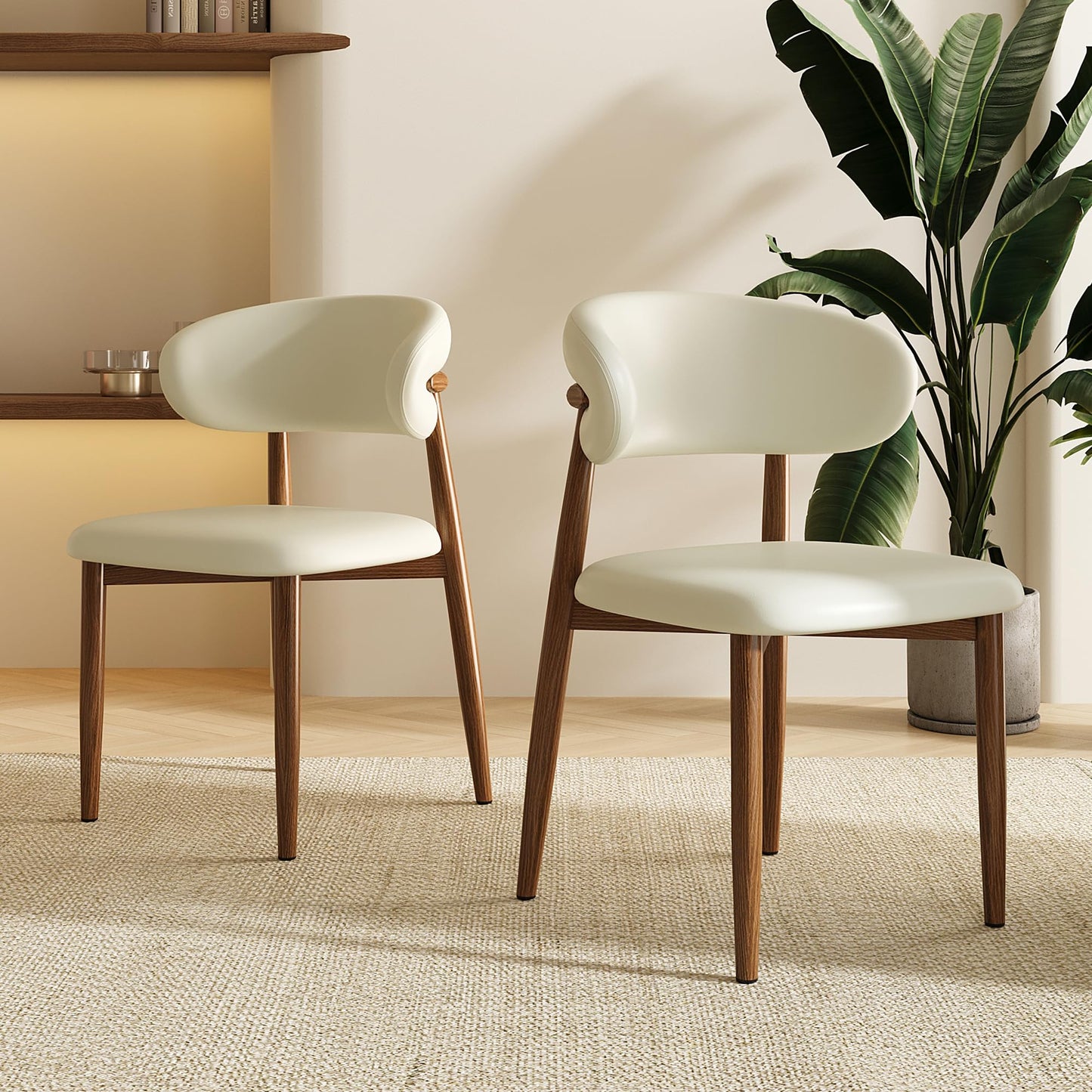 LUCKIIA Dining Chairs Set of 2 for Kitchen Dining Table Mid Century Modern Farmhouse Upholstered Leather Dining Room Chairs with Metal Legs, Walnut Beige