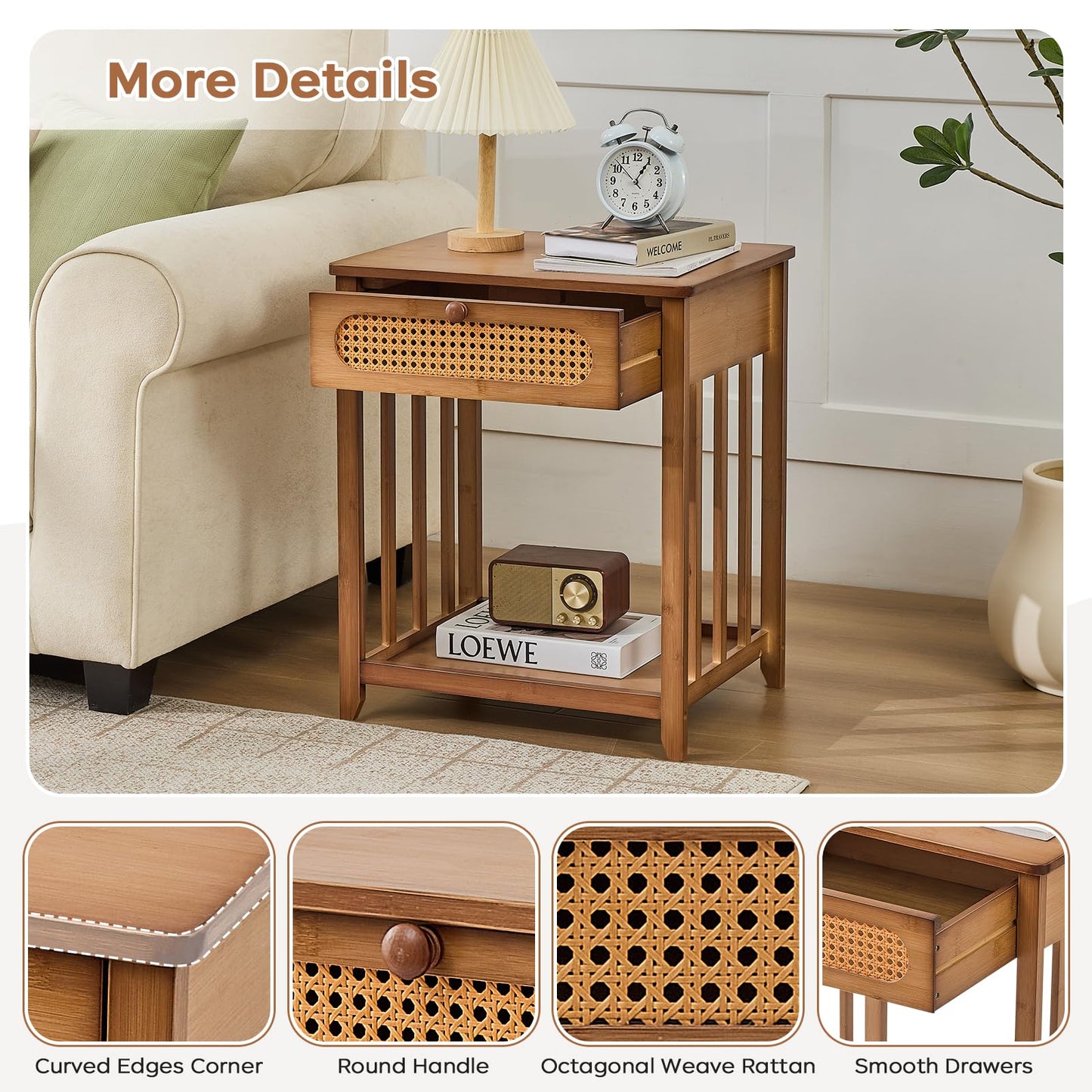 oakvivo Night Stands Set of 2, Rattan Nightstands Bedside Table, 19.7" Wide Bamboo End Bed Tables with Drawer & Open Storage Shelf, Farmhouse Side Tables for Bedroom, Sofa, Small Space, Walnut