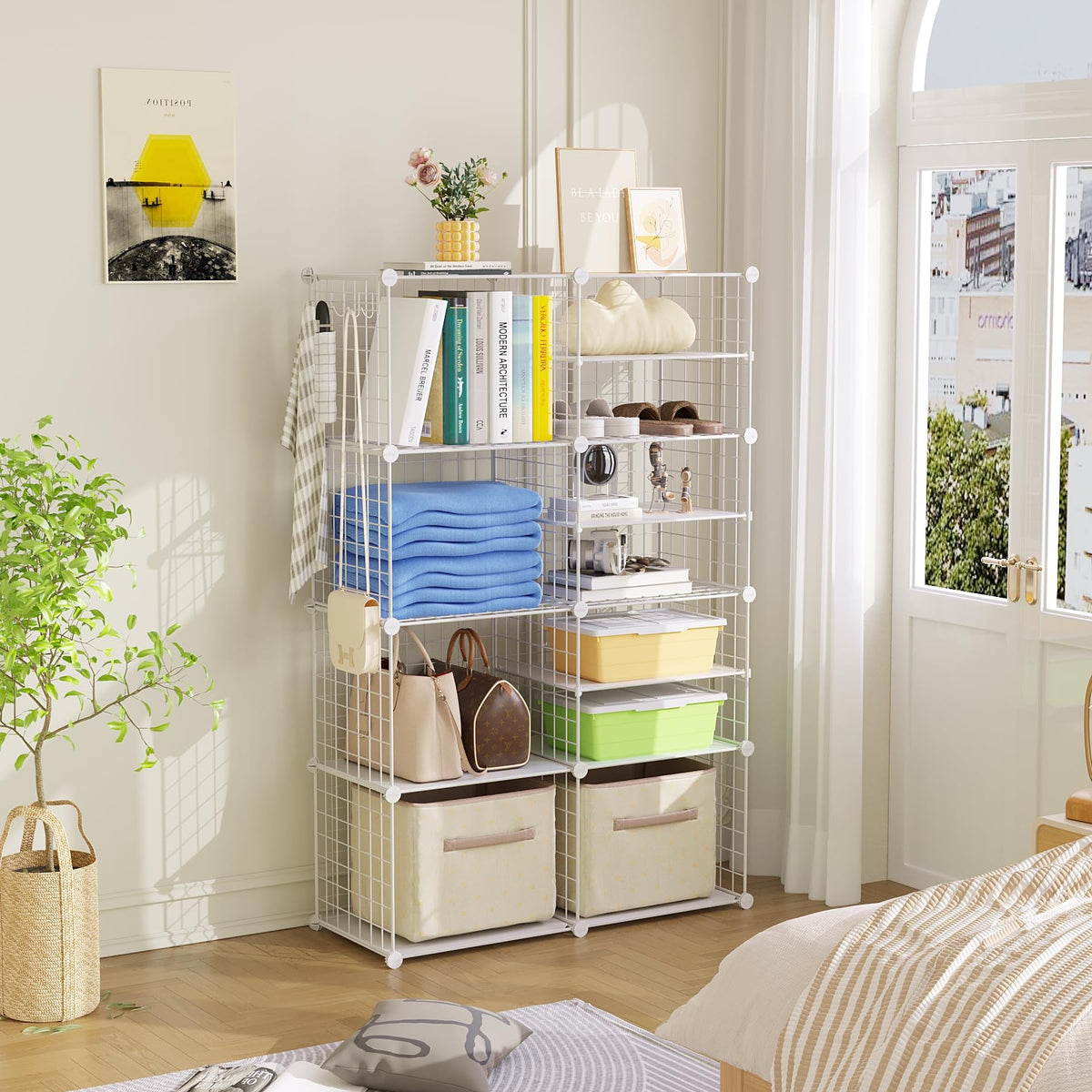 C&AHOME Wire Cube Storage Unit, Interlocking Metal Wire Organizer with Divider Design, Modular Cabinet with Plastic Panels, Bookshelf Stackable Closet Organizer with Small Hooks, White UWCSIM08W